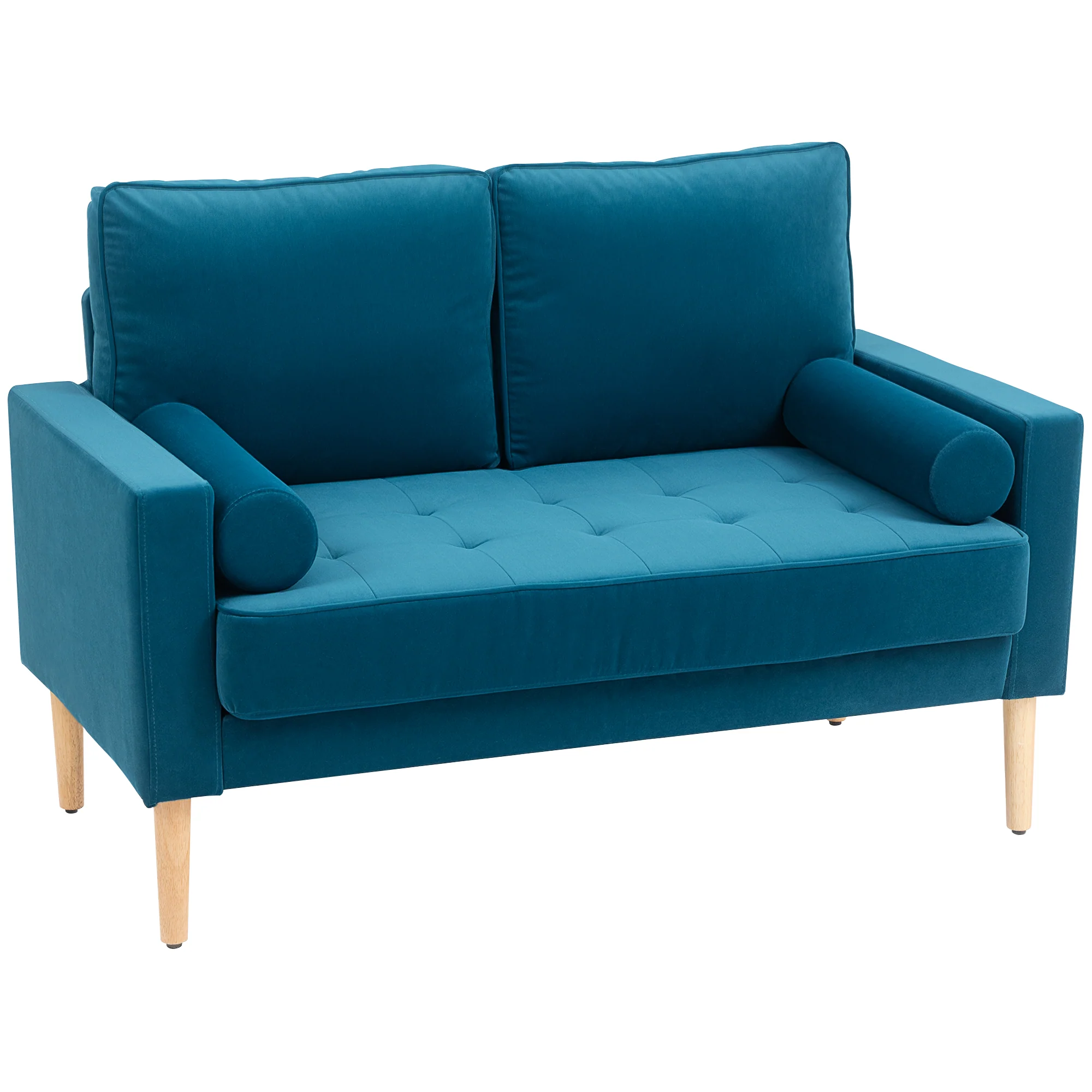 Canapé 2 places canapé moderne en velours 127 cm, coussins à ressorts épais, pieds en bois d'hévéa, 2 oreillers et assise capitonnée, banquette 2 places pour salon, chambre, petit espace, bleu - Image 2