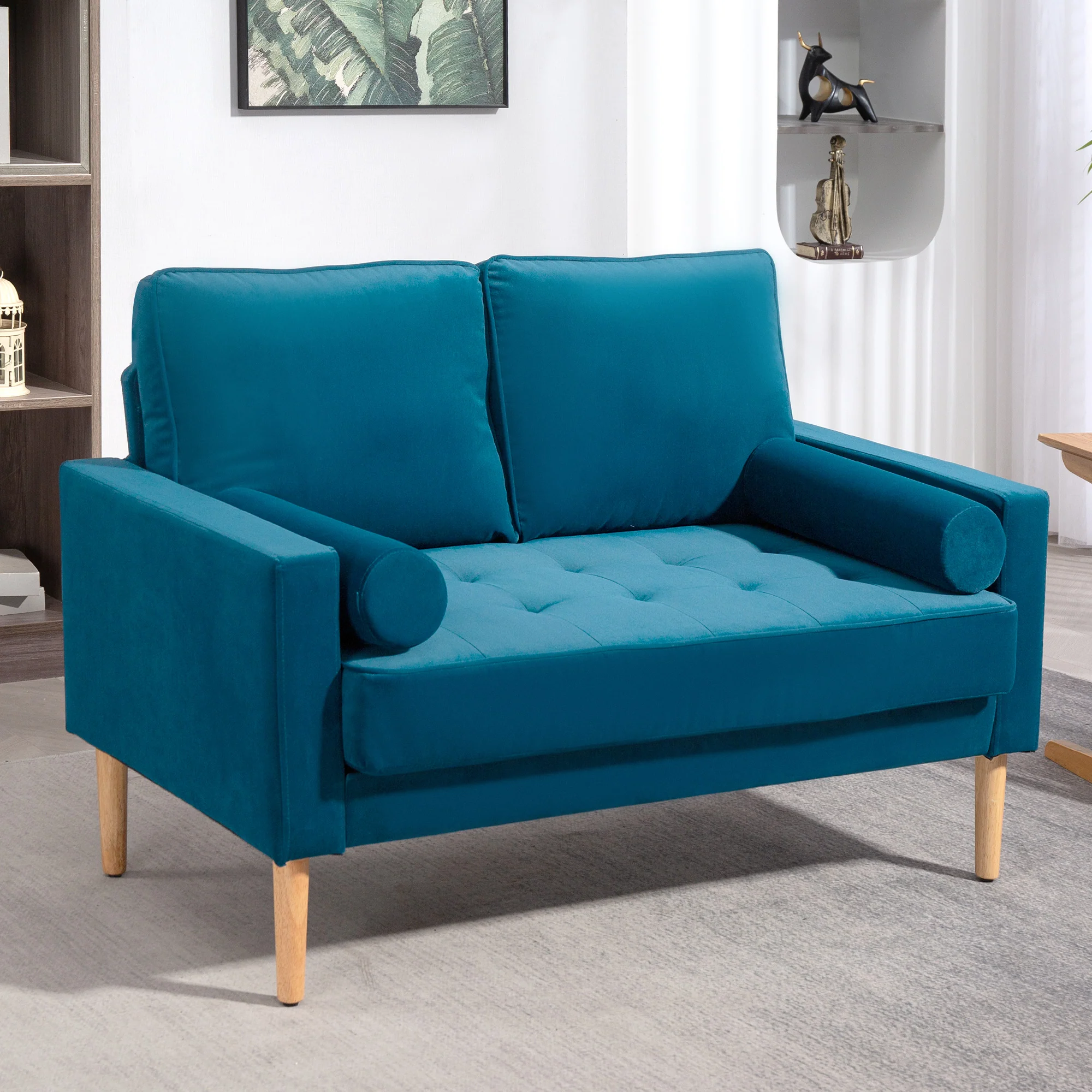 Canapé 2 places canapé moderne en velours 127 cm, coussins à ressorts épais, pieds en bois d'hévéa, 2 oreillers et assise capitonnée, banquette 2 places pour salon, chambre, petit espace, bleu - Image 3