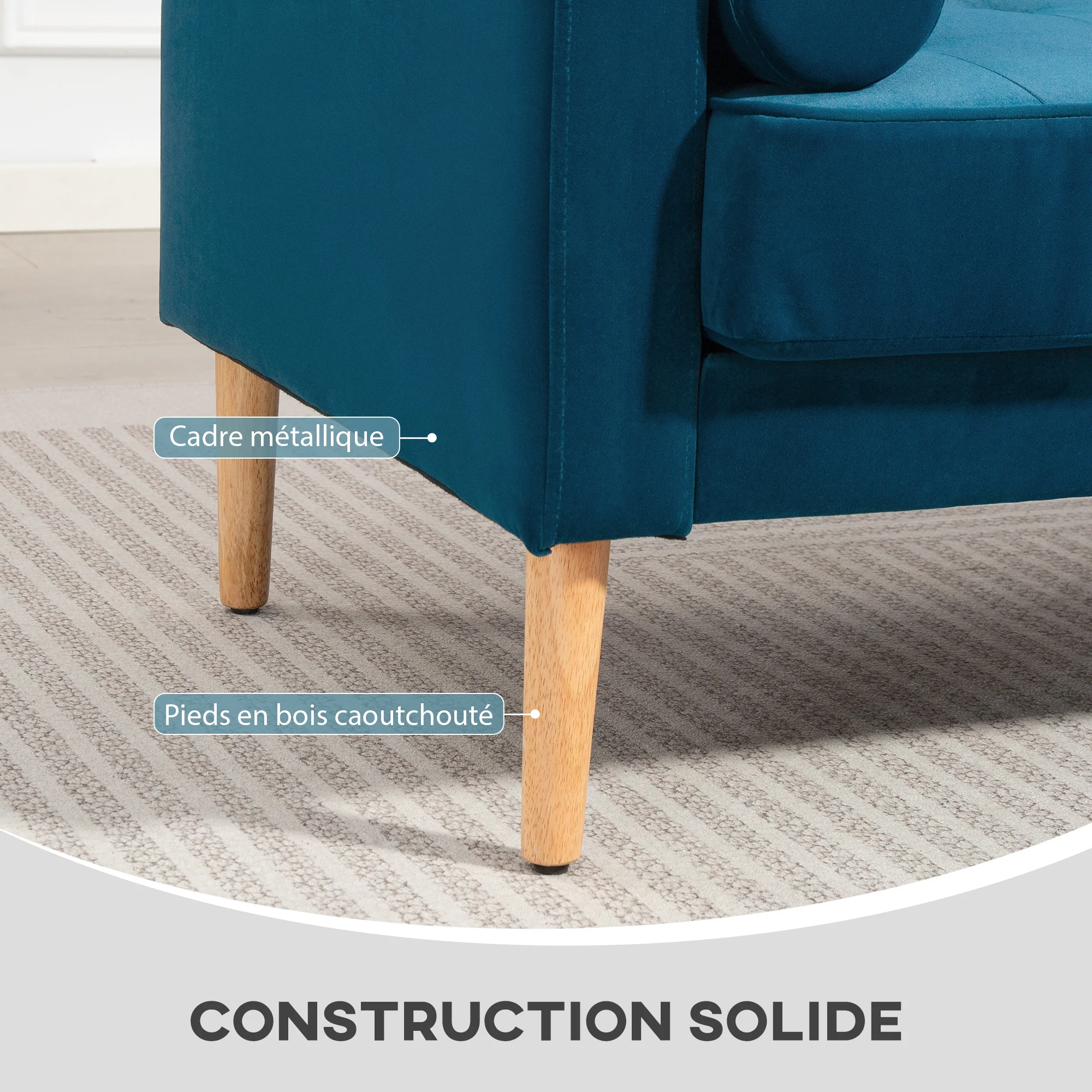 Canapé 2 places canapé moderne en velours 127 cm, coussins à ressorts épais, pieds en bois d'hévéa, 2 oreillers et assise capitonnée, banquette 2 places pour salon, chambre, petit espace, bleu - Image 7