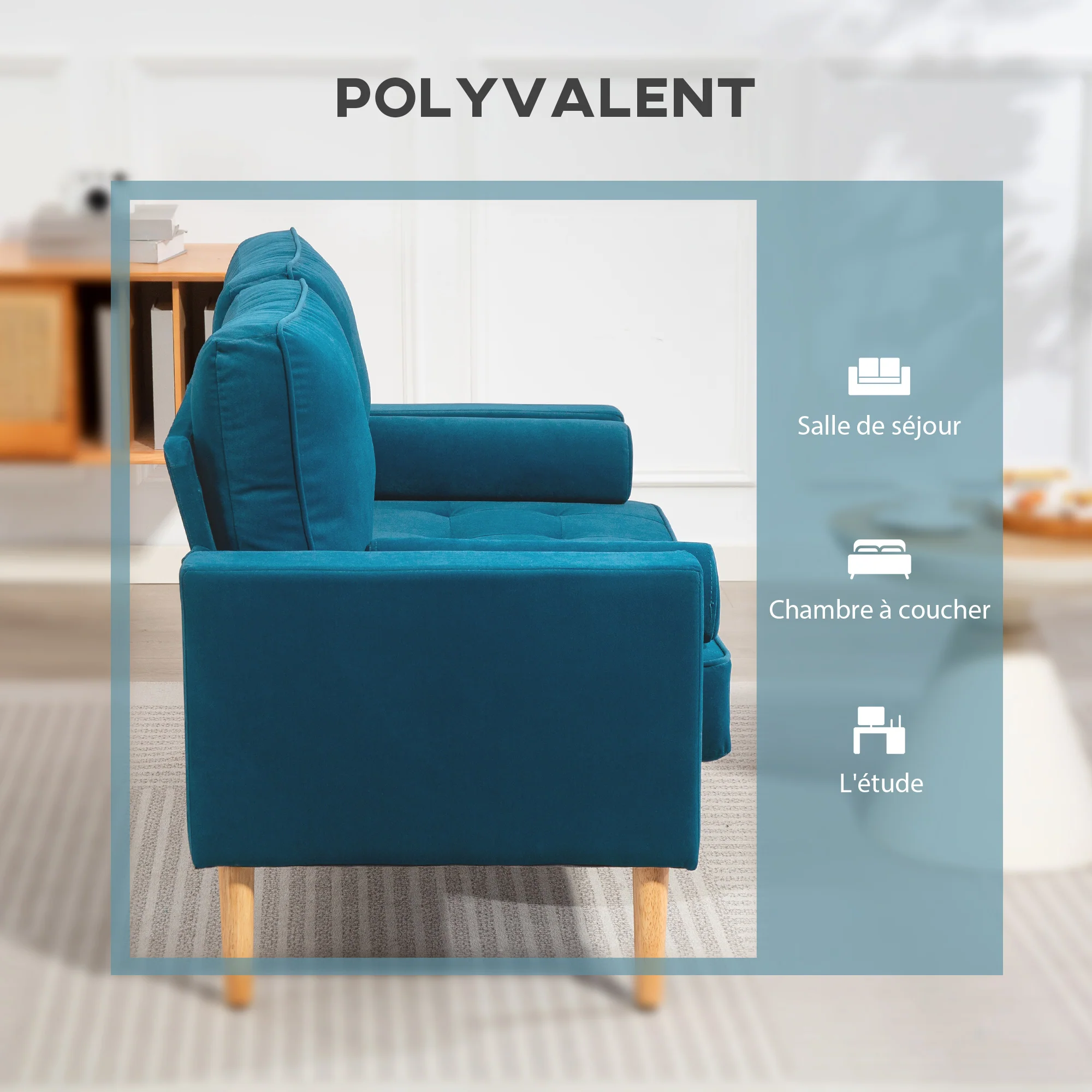 Canapé 2 places canapé moderne en velours 127 cm, coussins à ressorts épais, pieds en bois d'hévéa, 2 oreillers et assise capitonnée, banquette 2 places pour salon, chambre, petit espace, bleu - Image 8