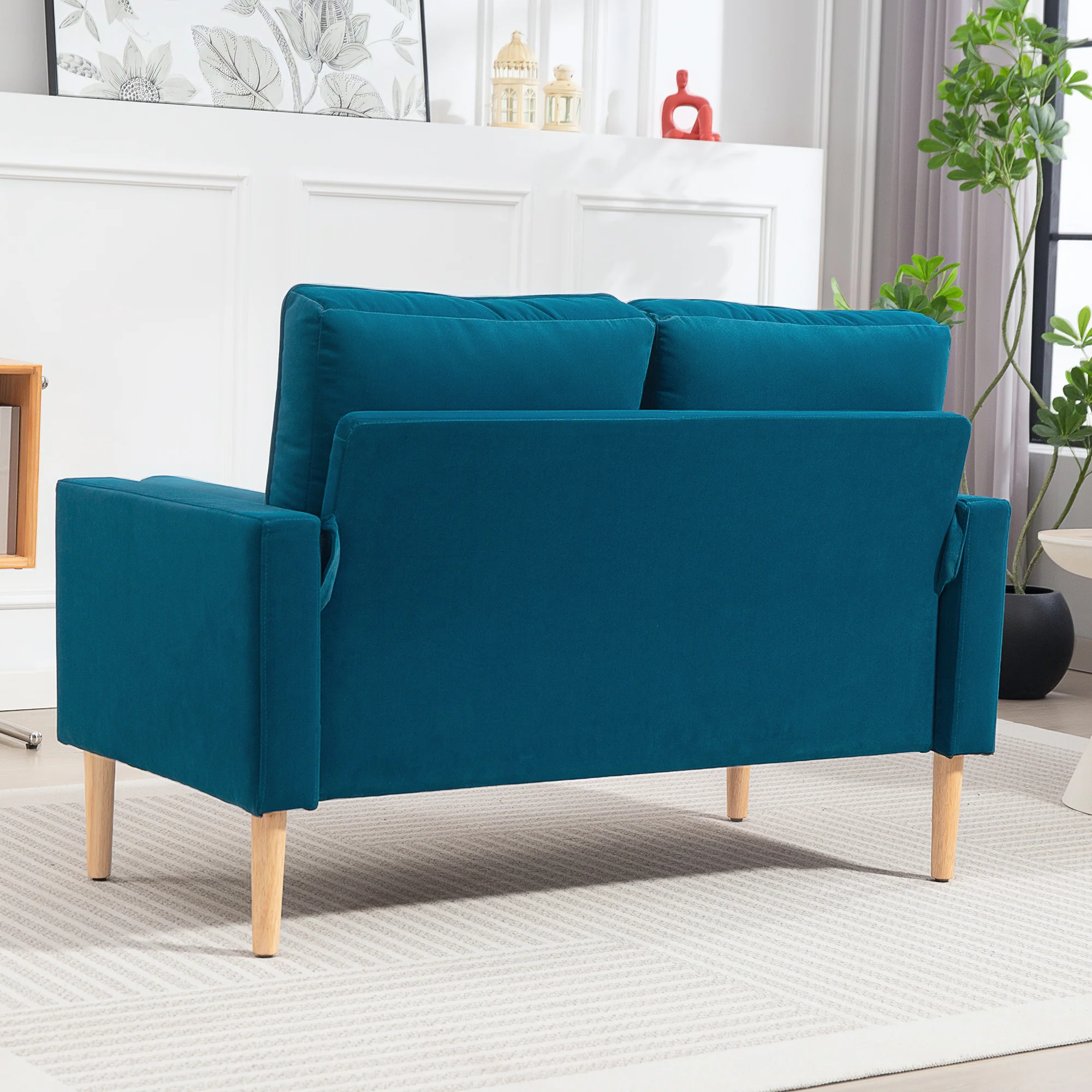 Canapé 2 places canapé moderne en velours 127 cm, coussins à ressorts épais, pieds en bois d'hévéa, 2 oreillers et assise capitonnée, banquette 2 places pour salon, chambre, petit espace, bleu - Image 9