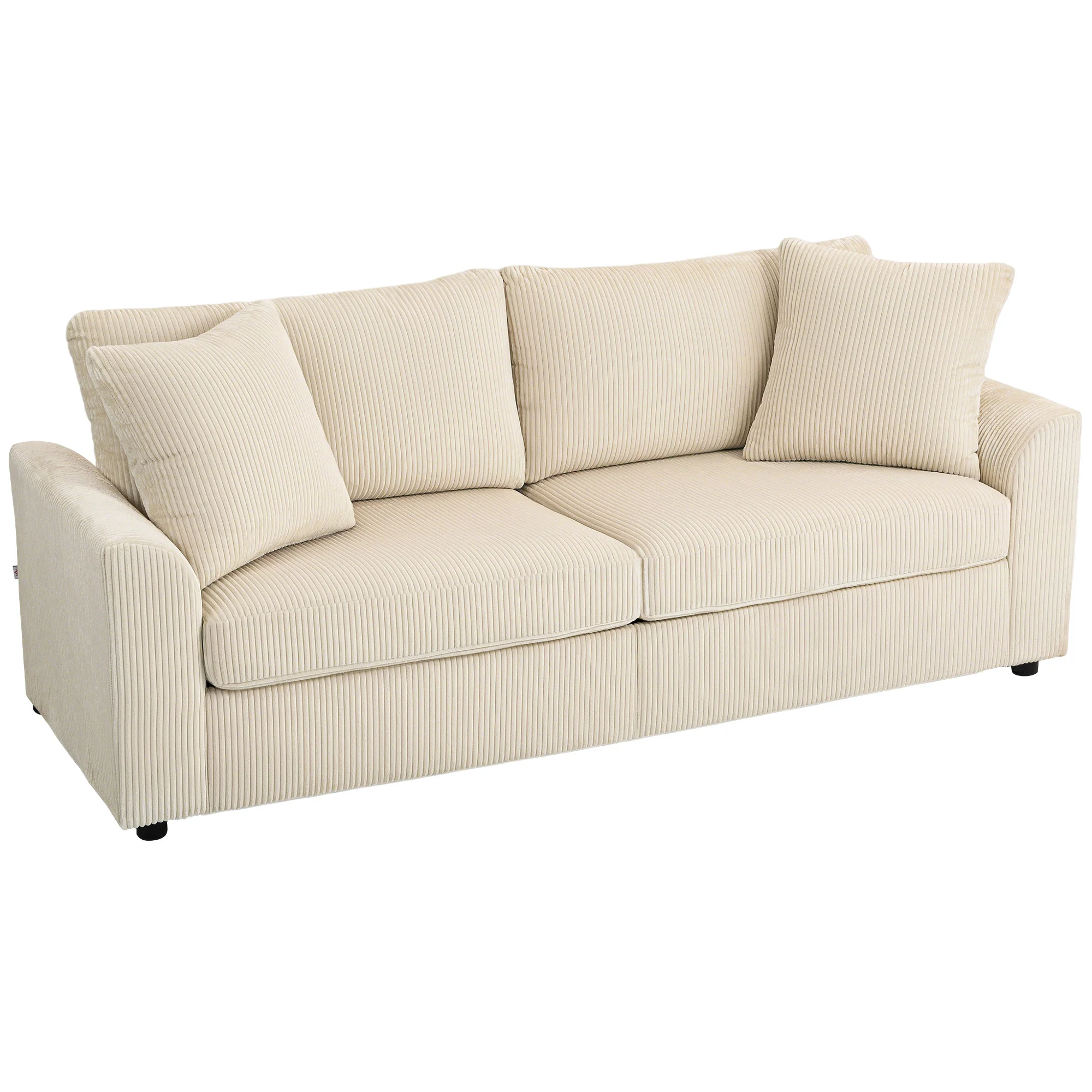 Canapé 3 place velours c?telé 210 cm, design moderne, 2 oreillers inclus, coussins à ressorts, accoudoirs et dossier rembourrés, pour salon, chambre, bureau, crème - Image 11