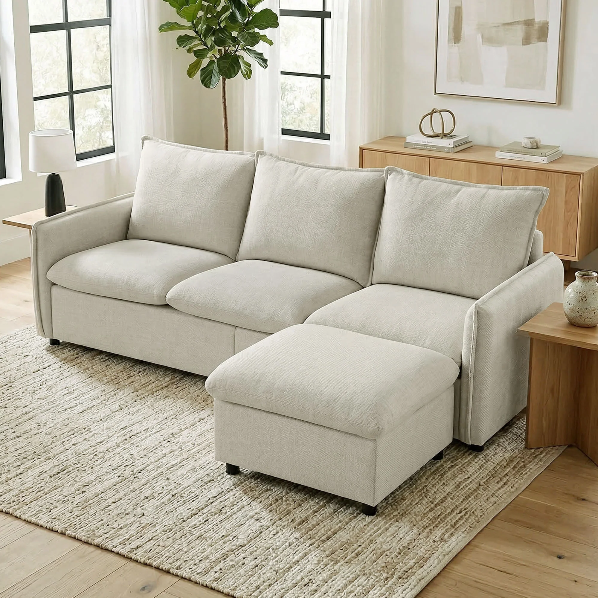 Canapé 3 places avec pouf de rangement, canapé d'angle modulable 212 cm, design moderne, assise rembourrée, coussins à ressorts, tissu en lin, pour salon, chambre, bureau, crème - Image 11