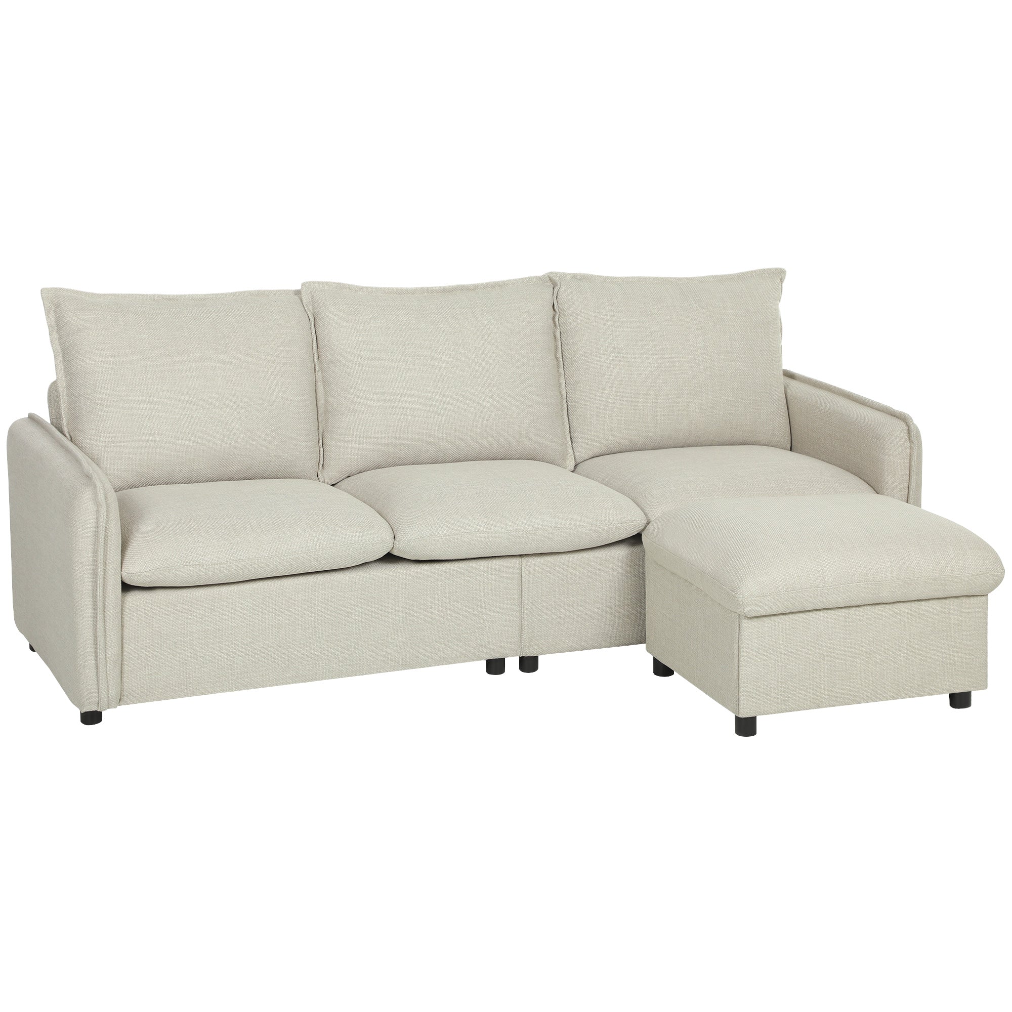 Canapé 3 places avec pouf de rangement, canapé d'angle modulable 212 cm, design moderne, assise rembourrée, coussins à ressorts, tissu en lin, pour salon, chambre, bureau, crème - Image 12