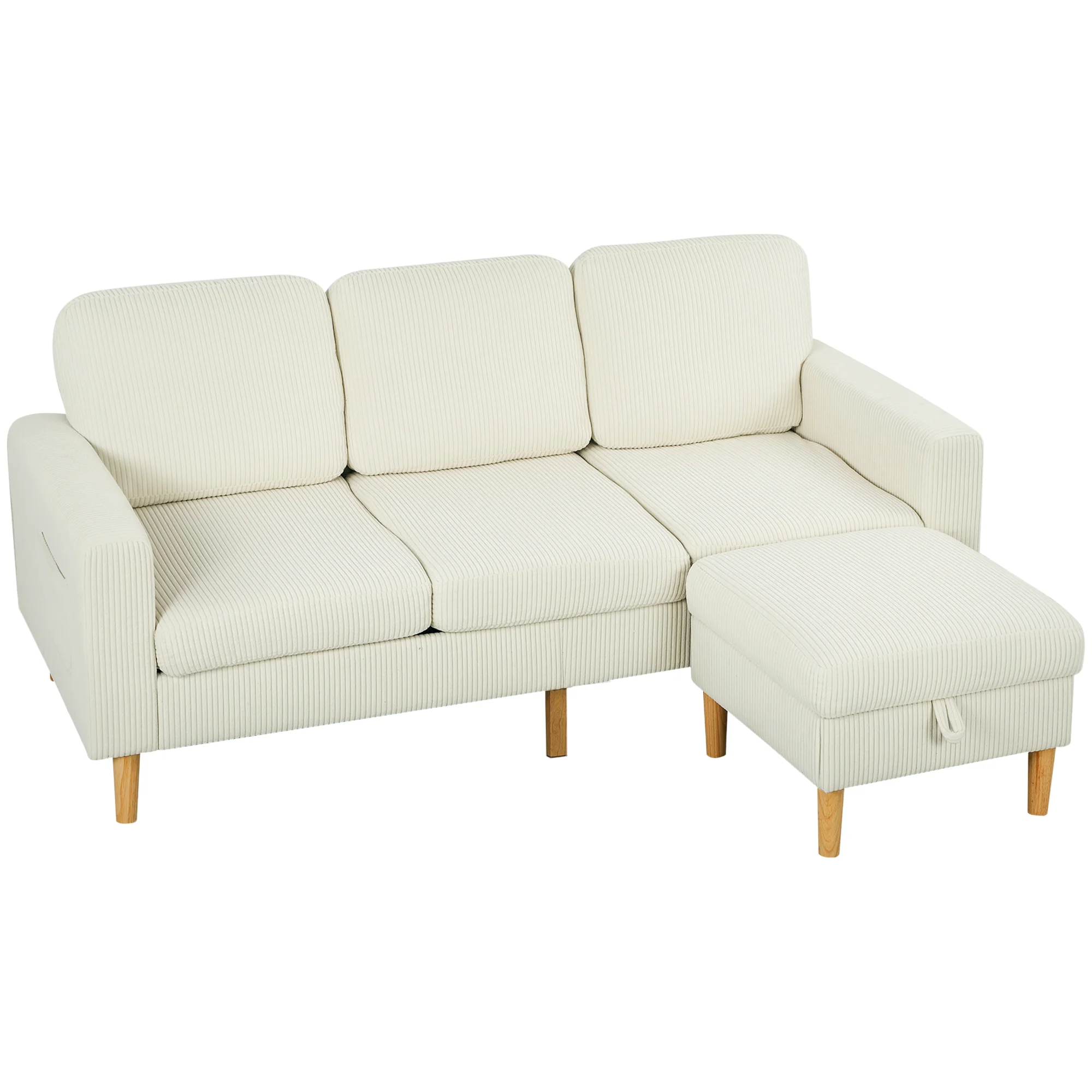 Canapé 3 places avec repose-pieds, canapé en velours c?telé 192 cm, design moderne, tabouret de rangement, coussins à ressorts, assise et dossier rembourrés, pour salon, chambre, bureau, beige - Image 11