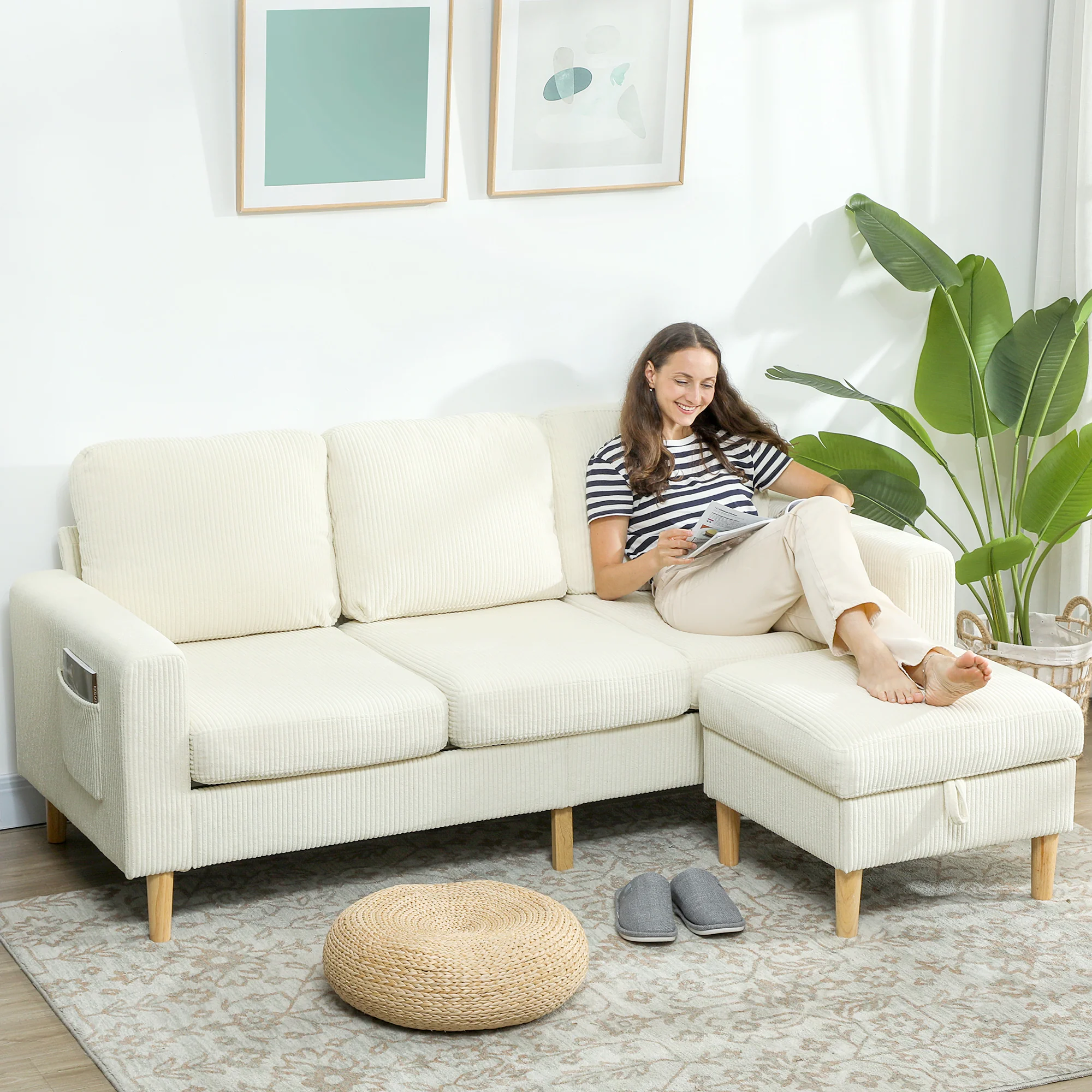 Canapé 3 places avec repose-pieds, canapé en velours c?telé 192 cm, design moderne, tabouret de rangement, coussins à ressorts, assise et dossier rembourrés, pour salon, chambre, bureau, beige - Image 3