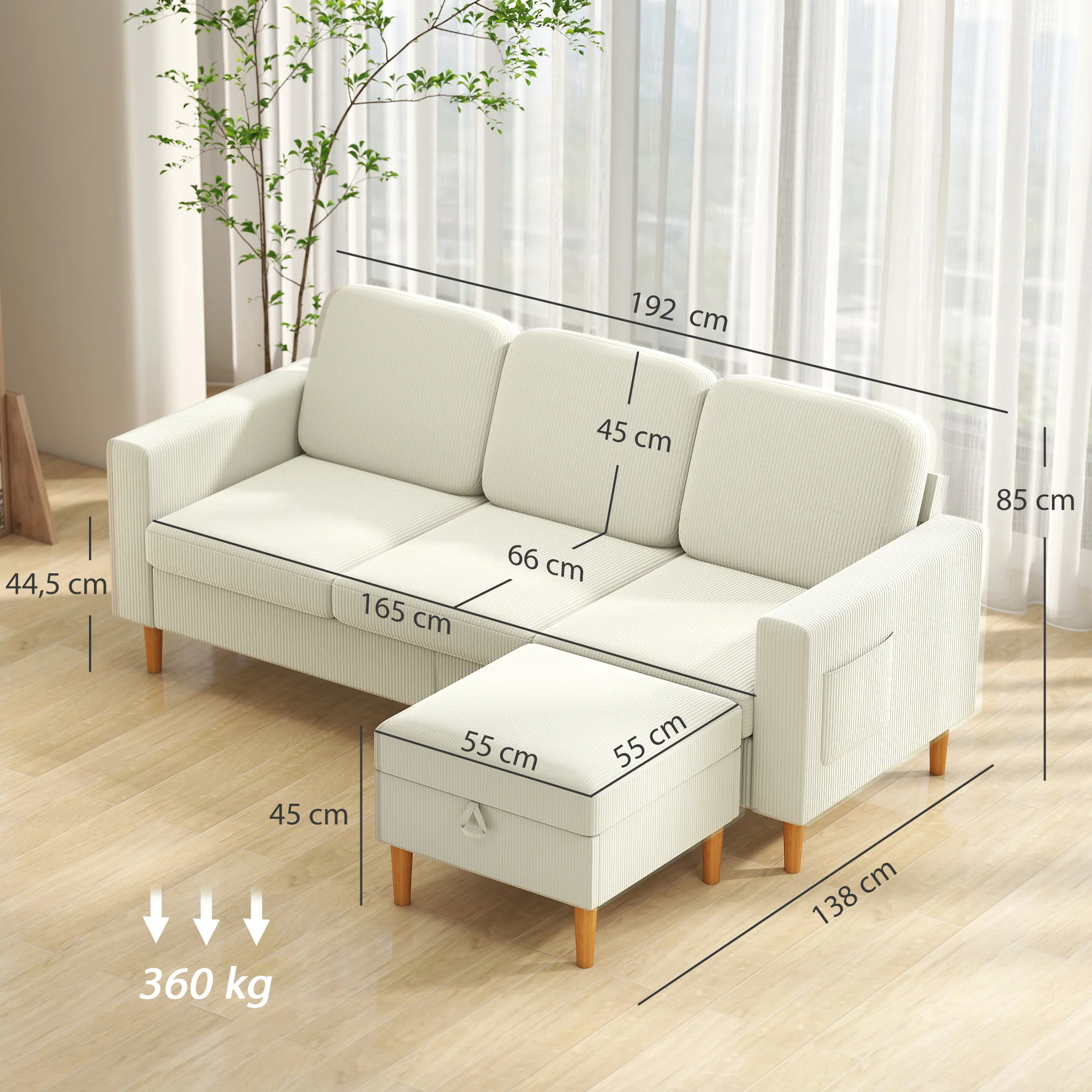 Canapé 3 places avec repose-pieds, canapé en velours c?telé 192 cm, design moderne, tabouret de rangement, coussins à ressorts, assise et dossier rembourrés, pour salon, chambre, bureau, beige - Image 4