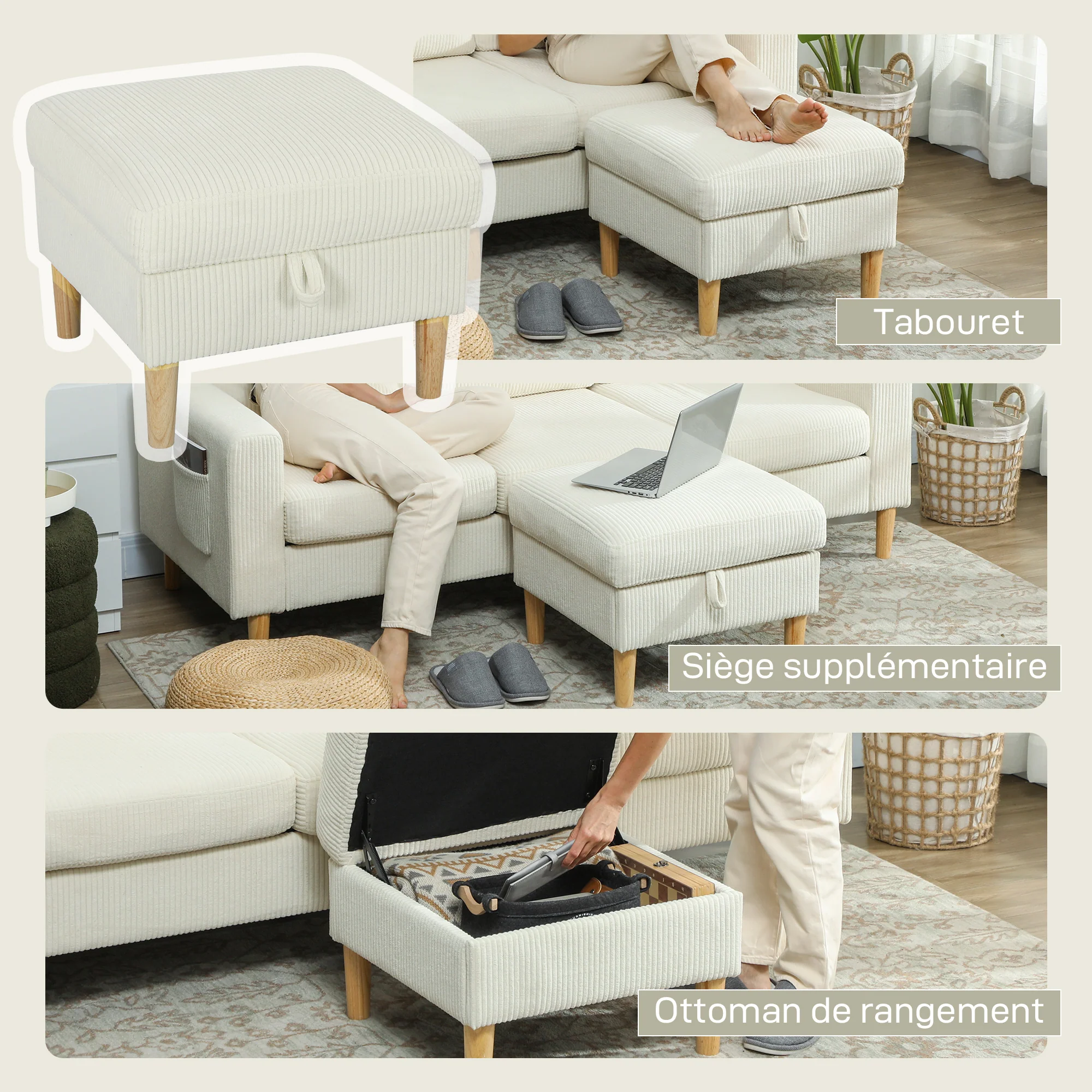Canapé 3 places avec repose-pieds, canapé en velours c?telé 192 cm, design moderne, tabouret de rangement, coussins à ressorts, assise et dossier rembourrés, pour salon, chambre, bureau, beige - Image 5