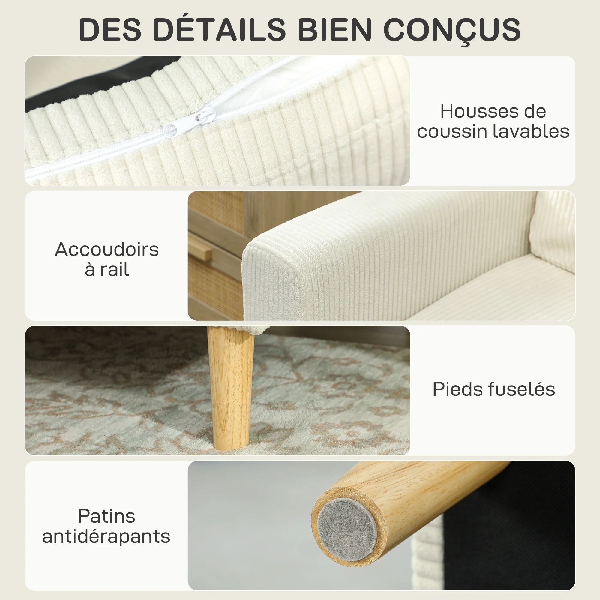 Canapé 3 places en velours côtelé, 192 cm, design moderne, canapé avec coussins à ressorts et assise rembourré, pour salon, chambre, bureau, beige - Image 7