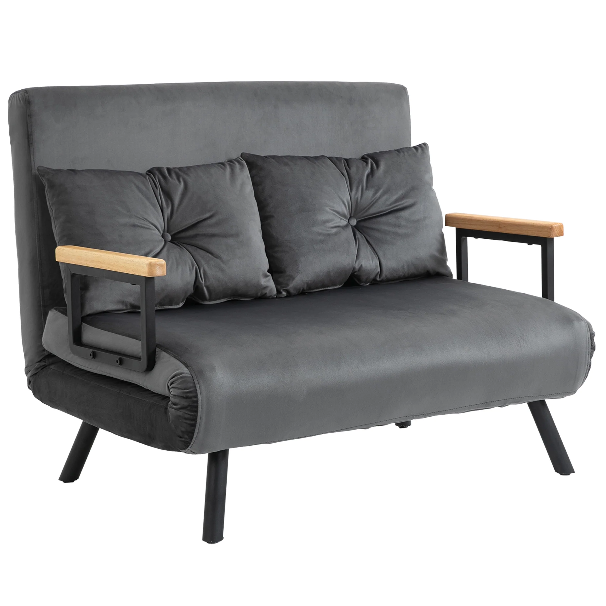 Canapé convertible 2 places 4 en 1, chauffeuse, fauteuil-lit pliant avec dossier réglable 5 niveaux et 2 coussins rembourrés, tissu effet velours pour salon, chambre d'amis, 102x73x81cm, gris - Image 11