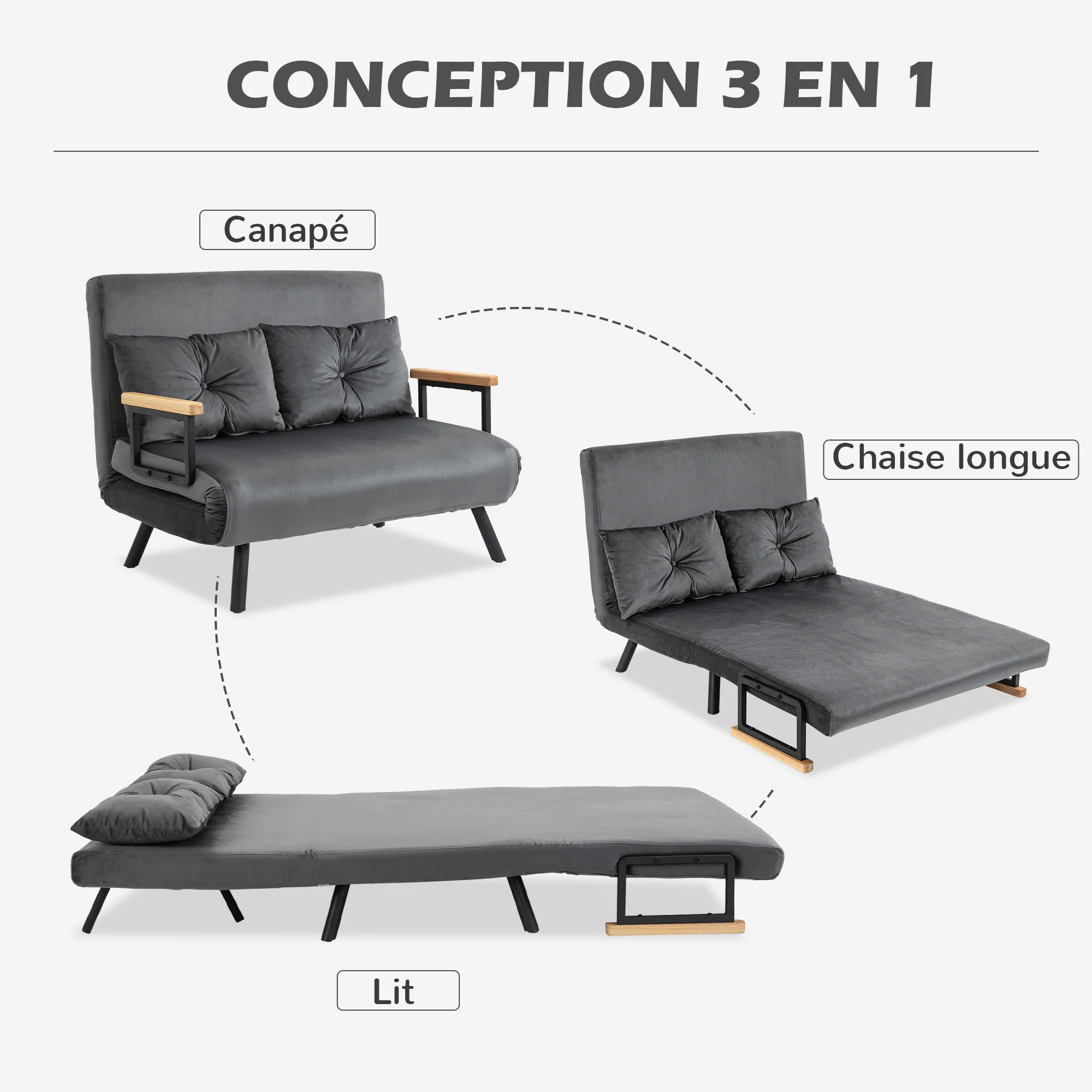 Canapé convertible 2 places 4 en 1, chauffeuse, fauteuil-lit pliant avec dossier réglable 5 niveaux et 2 coussins rembourrés, tissu effet velours pour salon, chambre d'amis, 102x73x81cm, gris - Image 5