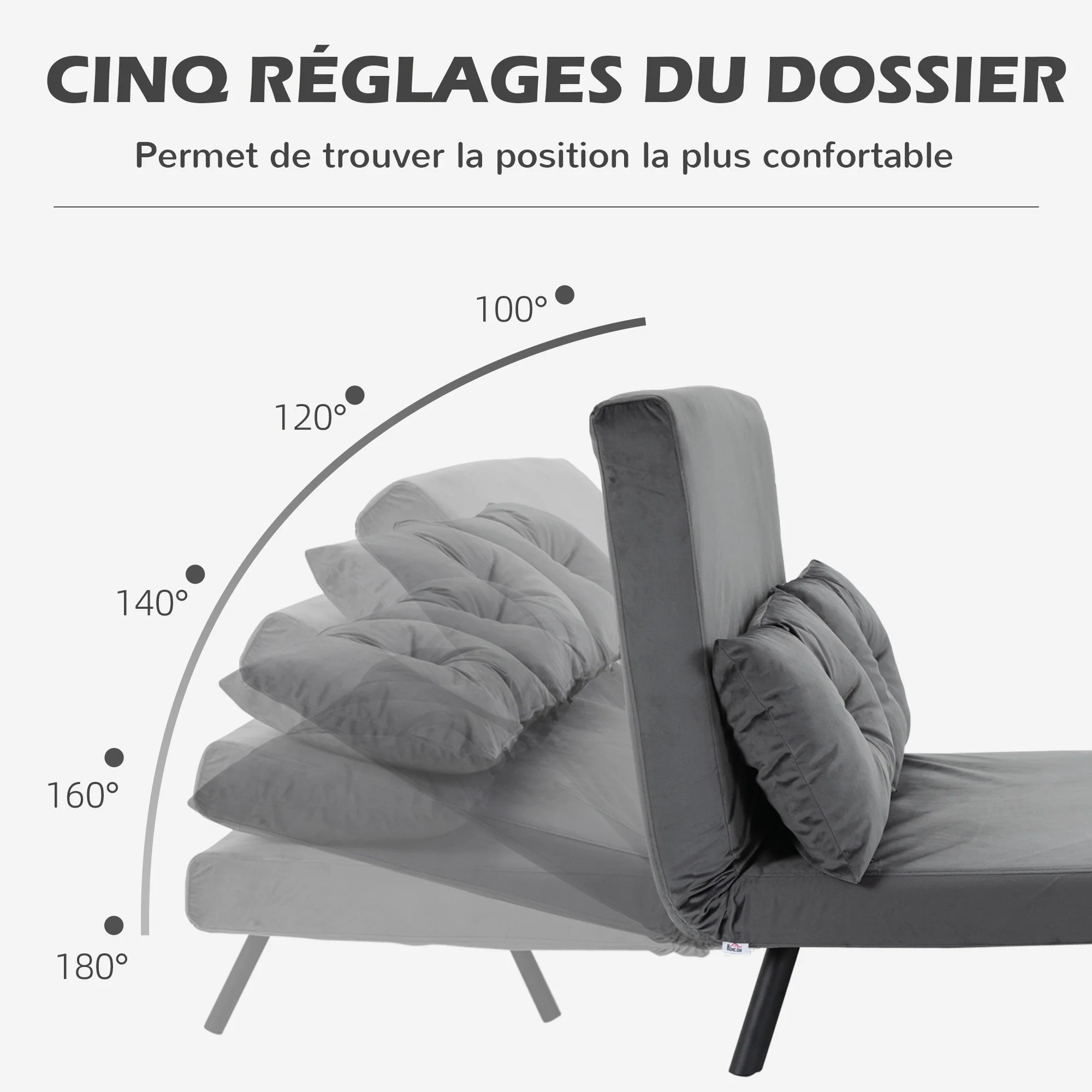 Canapé convertible 2 places 4 en 1, chauffeuse, fauteuil-lit pliant avec dossier réglable 5 niveaux et 2 coussins rembourrés, tissu effet velours pour salon, chambre d'amis, 102x73x81cm, gris - Image 6