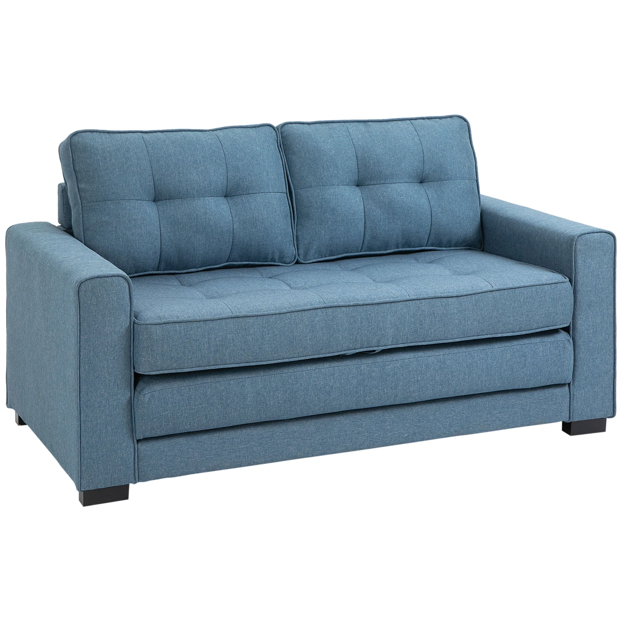 Canapé convertible 2 places canapé-lit avec dossier capitonné, coussins et matelas pliable au sol, canapé en tissu effet lin pour salon, chambre d'amis, 147,5 x 75 x 85 cm, bleu - Image 2