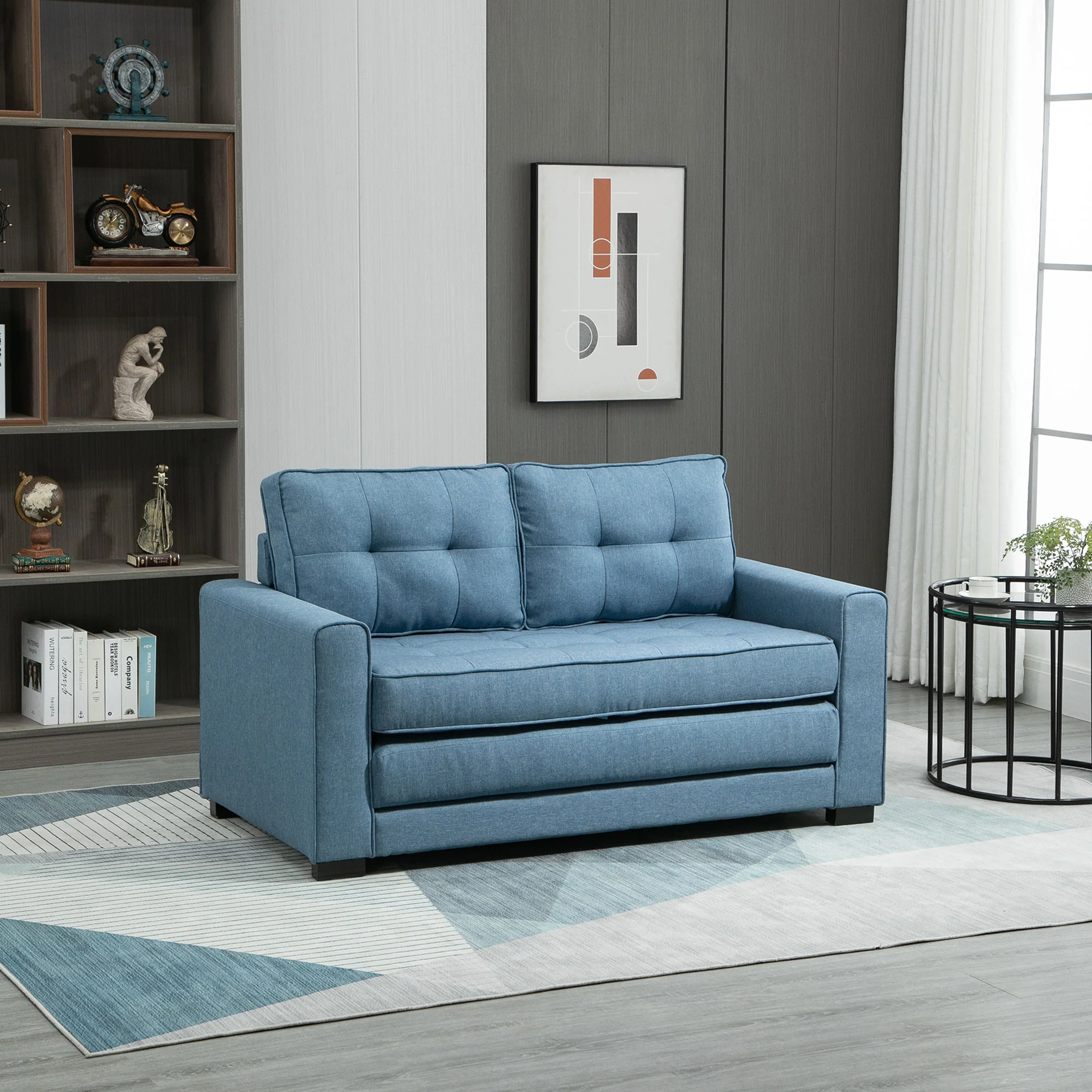 Canapé convertible 2 places canapé-lit avec dossier capitonné, coussins et matelas pliable au sol, canapé en tissu effet lin pour salon, chambre d'amis, 147,5 x 75 x 85 cm, bleu - Image 3