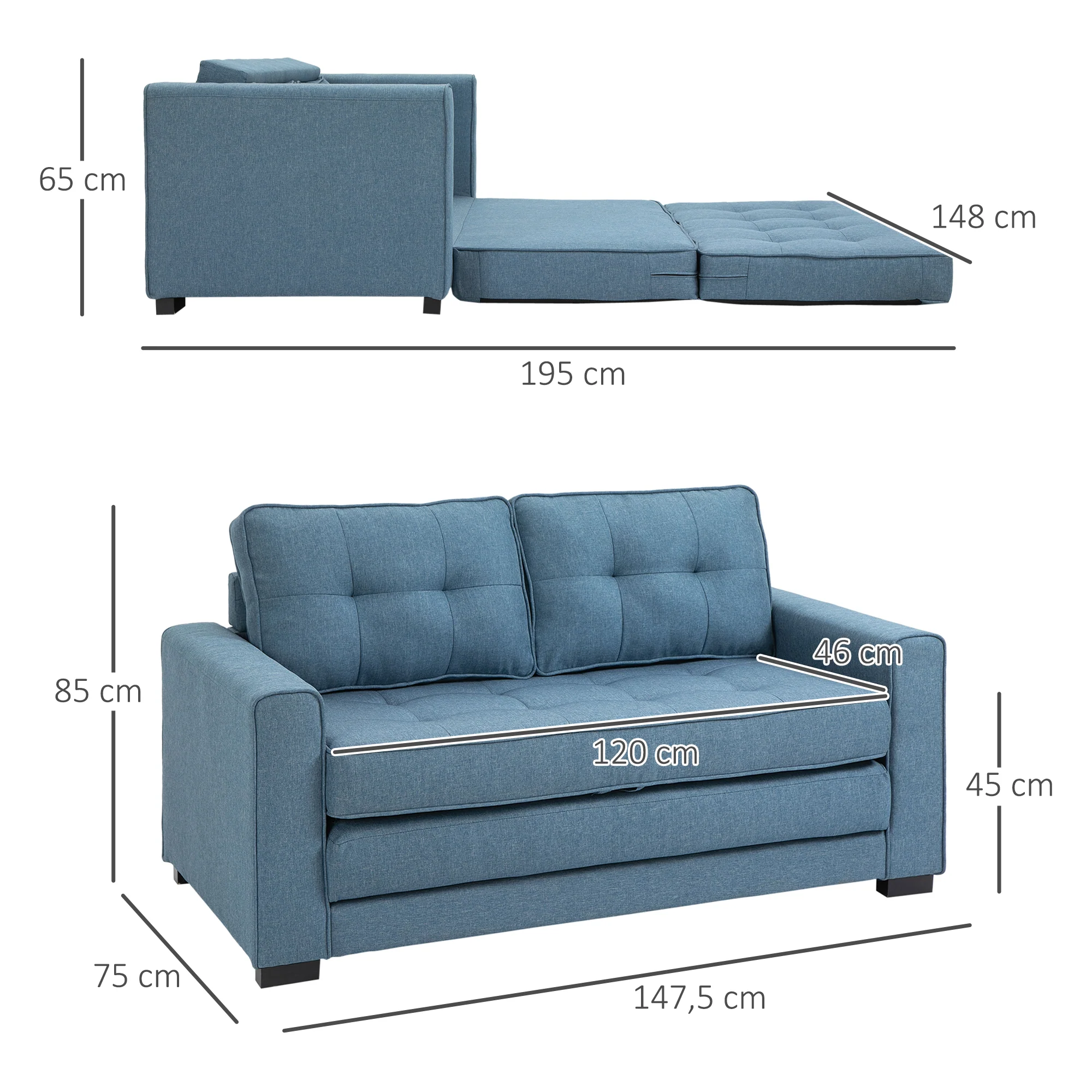 Canapé convertible 2 places canapé-lit avec dossier capitonné, coussins et matelas pliable au sol, canapé en tissu effet lin pour salon, chambre d'amis, 147,5 x 75 x 85 cm, bleu - Image 4