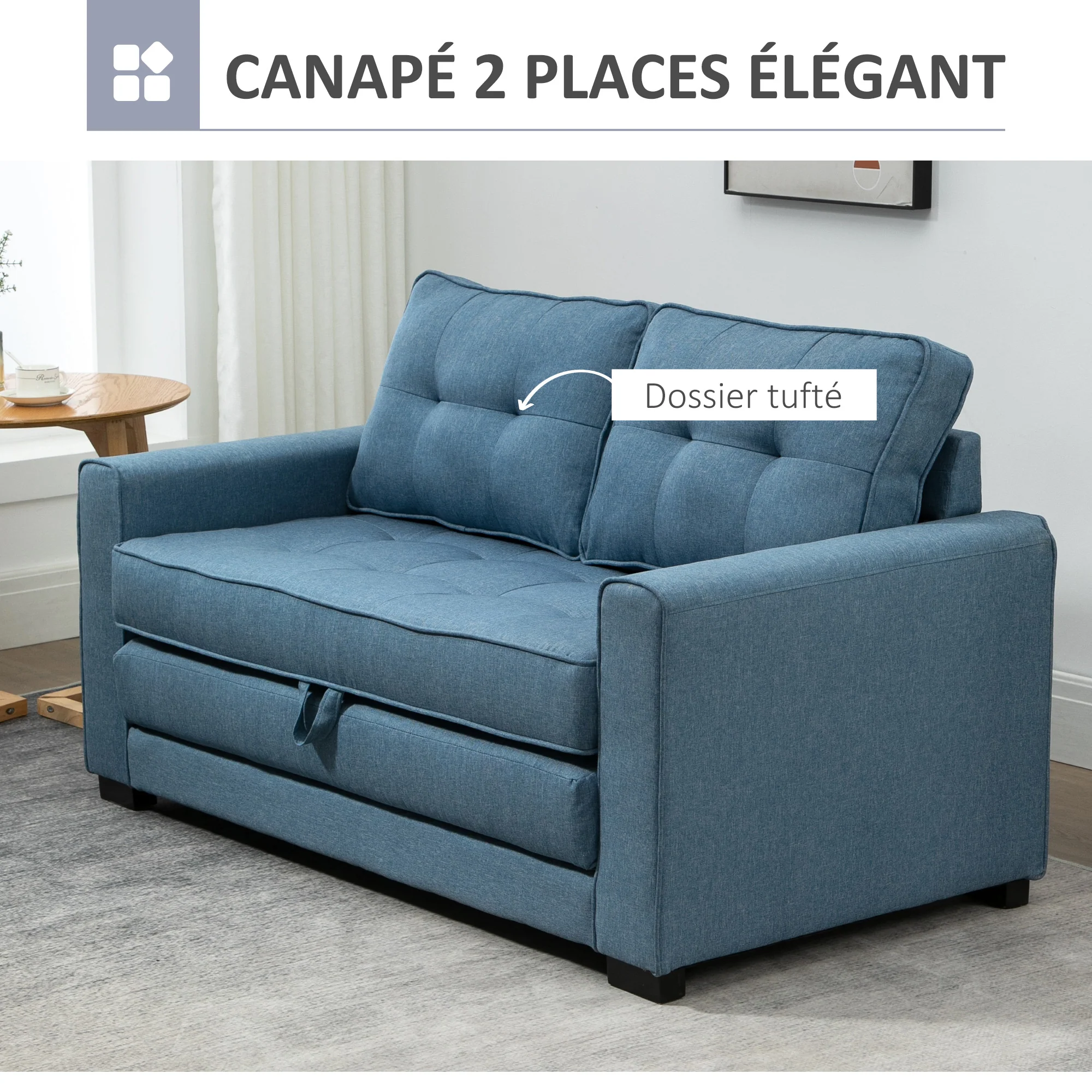 Canapé convertible 2 places canapé-lit avec dossier capitonné, coussins et matelas pliable au sol, canapé en tissu effet lin pour salon, chambre d'amis, 147,5 x 75 x 85 cm, bleu - Image 5