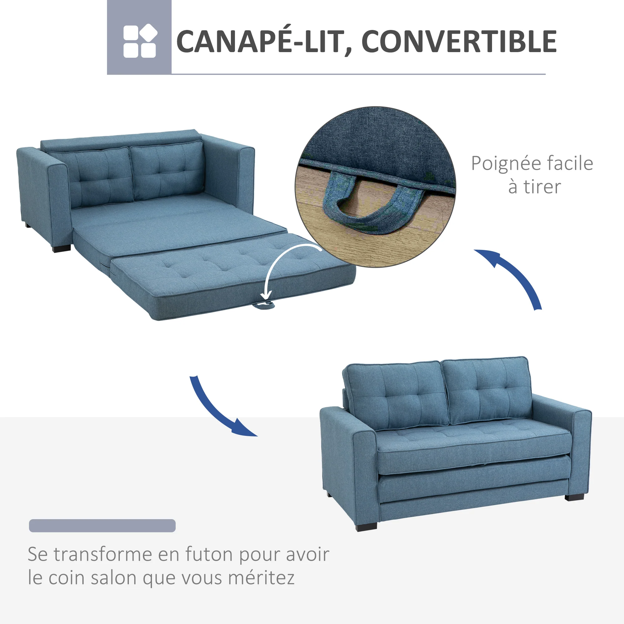Canapé convertible 2 places canapé-lit avec dossier capitonné, coussins et matelas pliable au sol, canapé en tissu effet lin pour salon, chambre d'amis, 147,5 x 75 x 85 cm, bleu - Image 6
