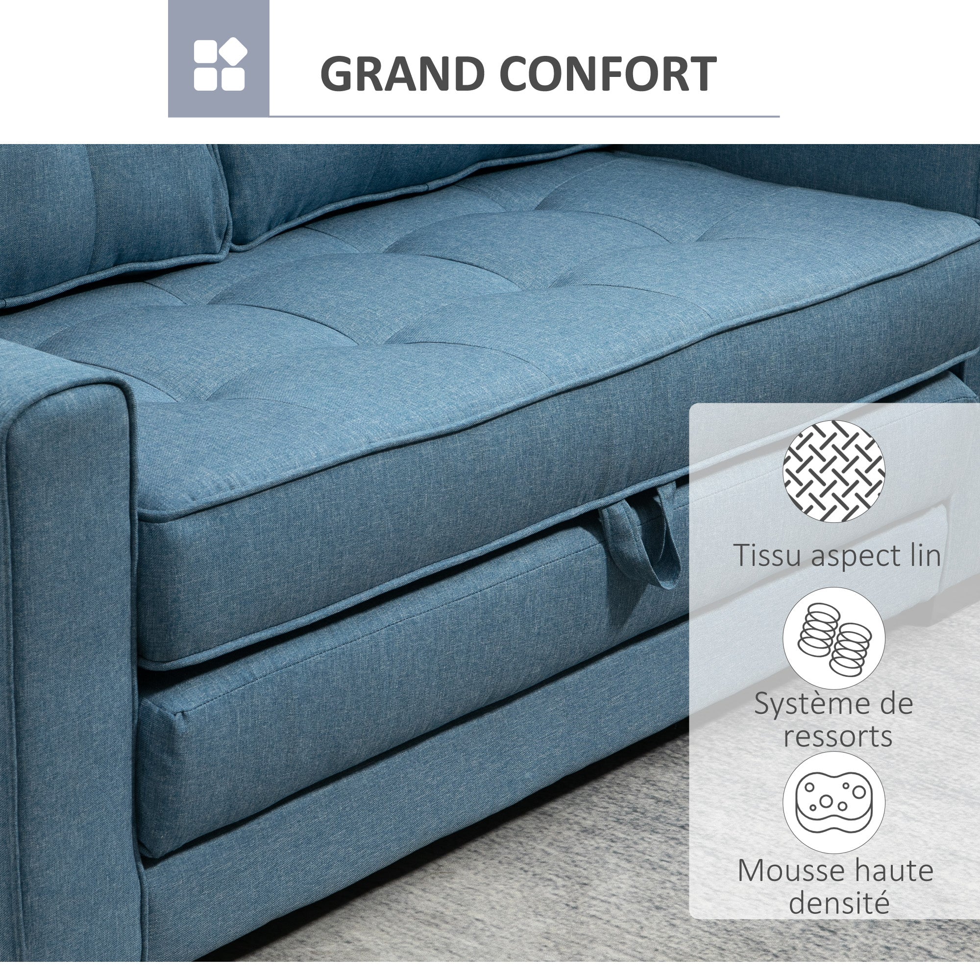 Canapé convertible 2 places canapé-lit avec dossier capitonné, coussins et matelas pliable au sol, canapé en tissu effet lin pour salon, chambre d'amis, 147,5 x 75 x 85 cm, bleu - Image 7