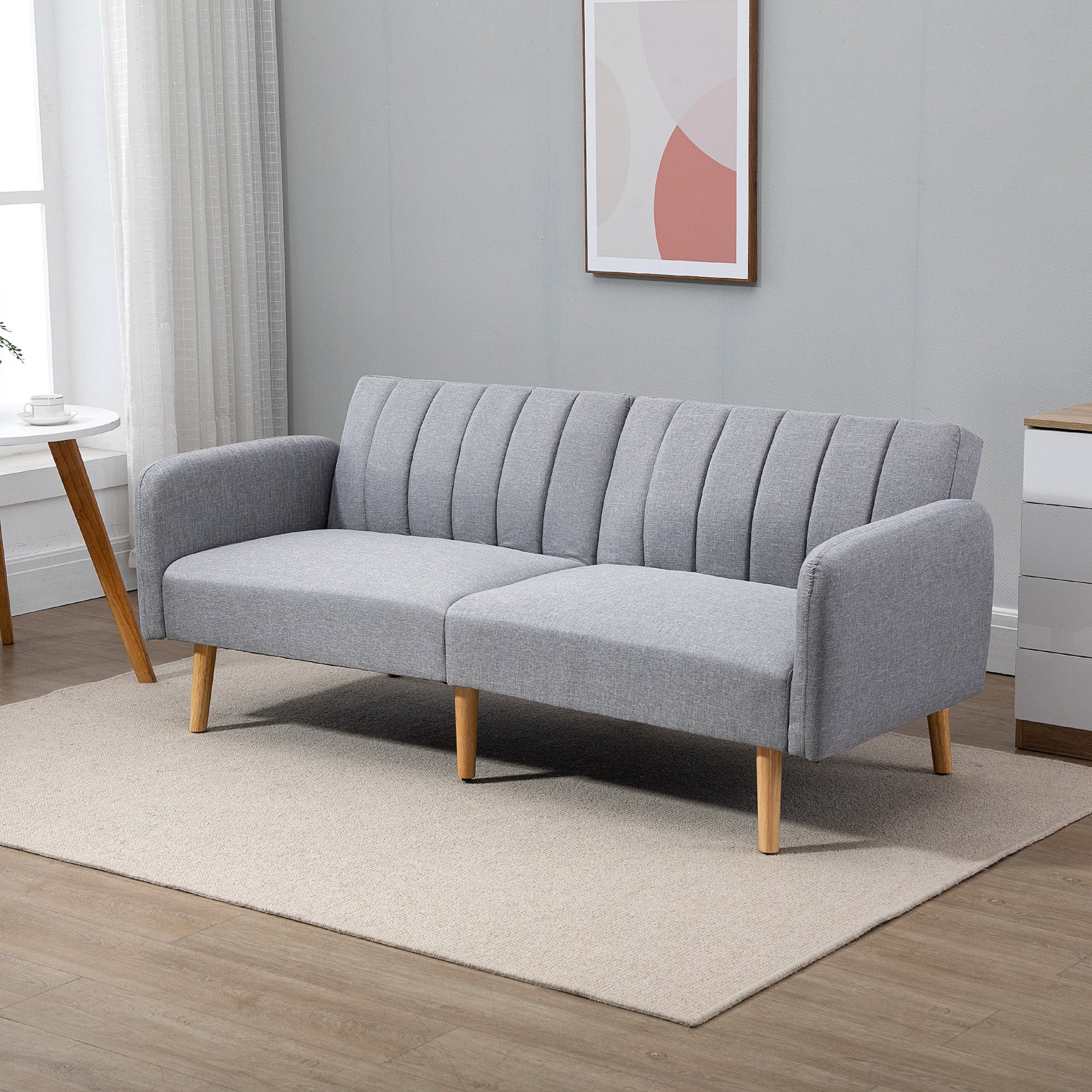 Canapé Convertible 2 Places Design scandinave Dossier inclinable 3 Positions Pieds Bois Tissu Aspect Lin Gris - Image 3