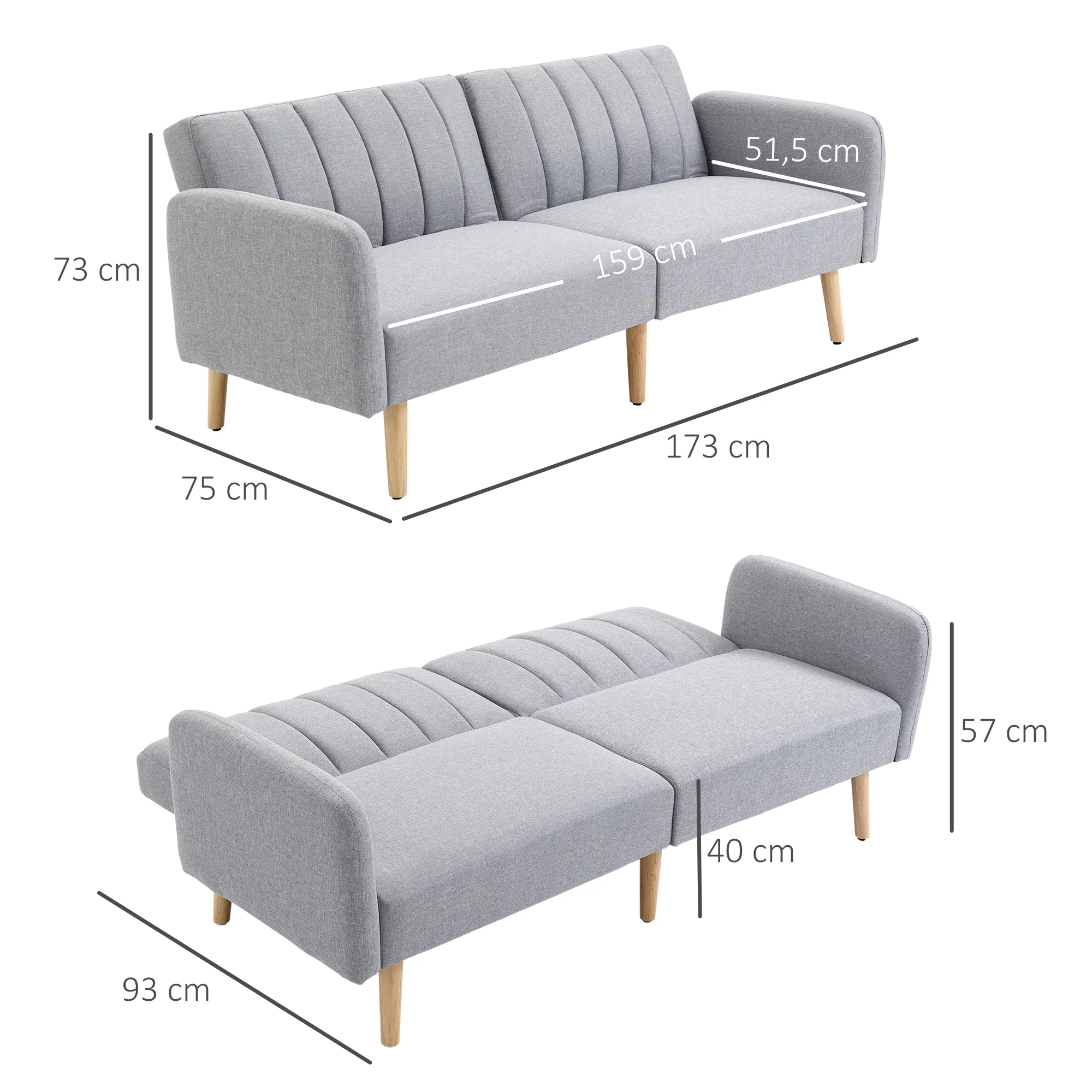 Canapé Convertible 2 Places Design scandinave Dossier inclinable 3 Positions Pieds Bois Tissu Aspect Lin Gris - Image 4