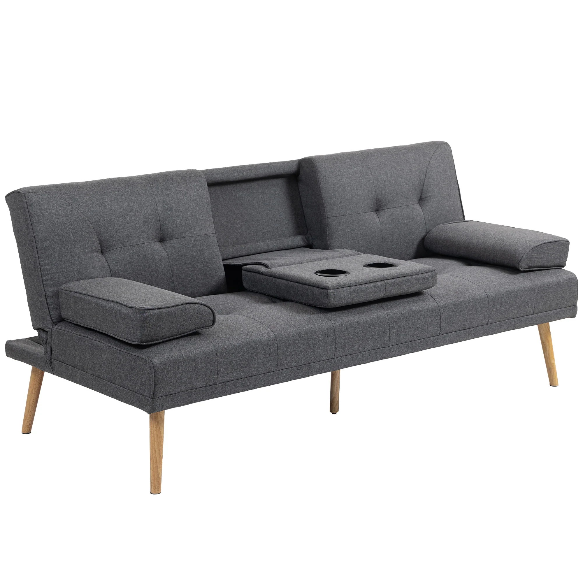 Canapé convertible 3 places canapé-lit design scandinave inclinaison dossier réglable 3 niveaux dossier centrale rabattable 2 porte-verres bois massif lin gris foncé