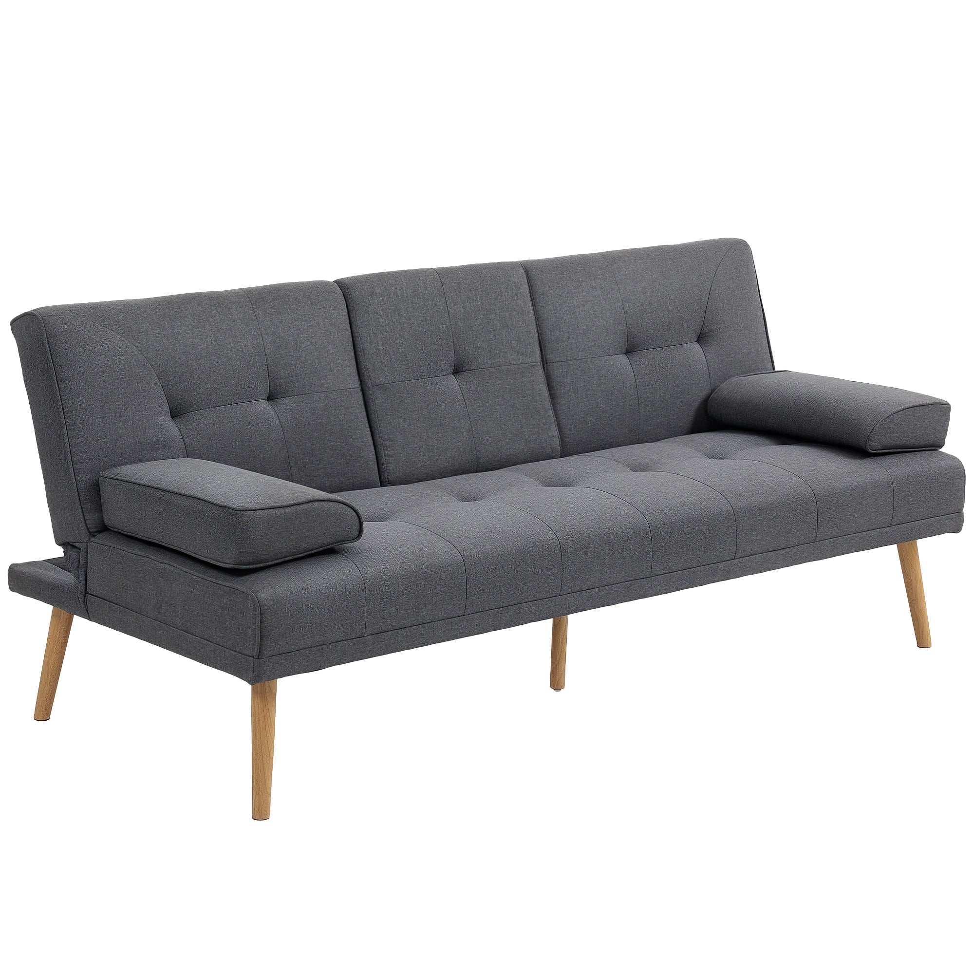 Canapé convertible 3 places canapé-lit design scandinave inclinaison dossier réglable 3 niveaux dossier centrale rabattable 2 porte-verres bois massif lin gris foncé - Image 2