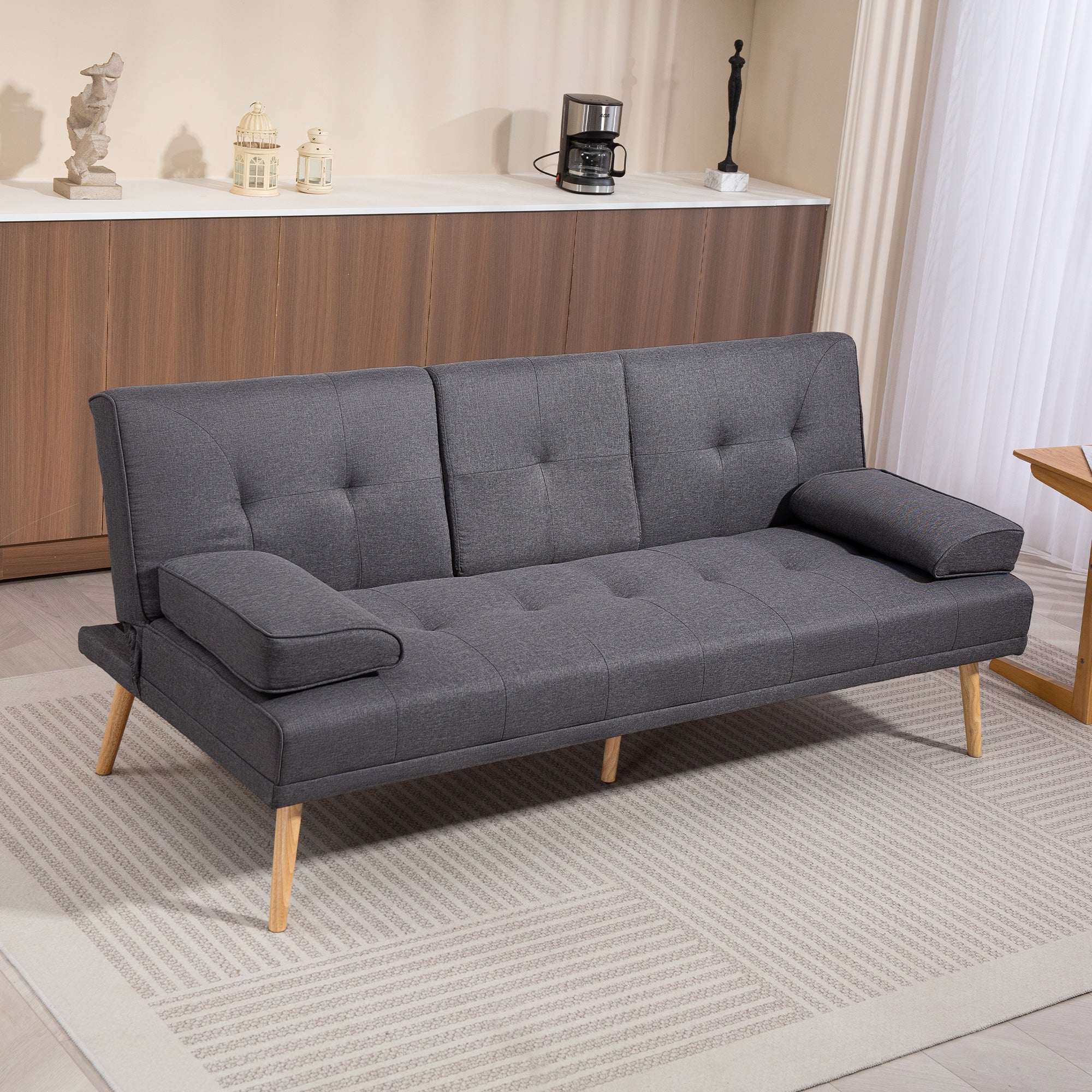 Canapé convertible 3 places canapé-lit design scandinave inclinaison dossier réglable 3 niveaux dossier centrale rabattable 2 porte-verres bois massif lin gris foncé - Image 3