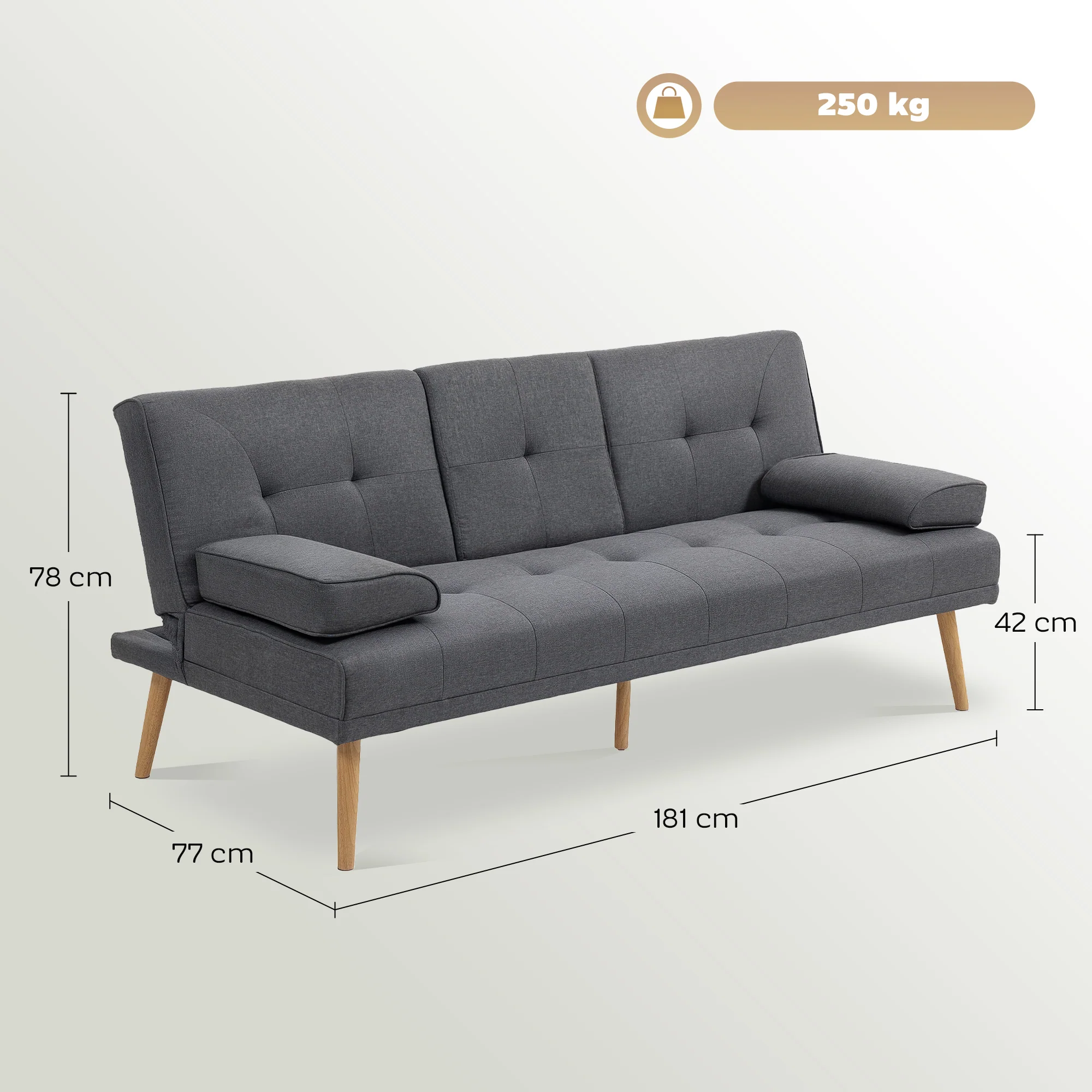 Canapé convertible 3 places canapé-lit design scandinave inclinaison dossier réglable 3 niveaux dossier centrale rabattable 2 porte-verres bois massif lin gris foncé - Image 4