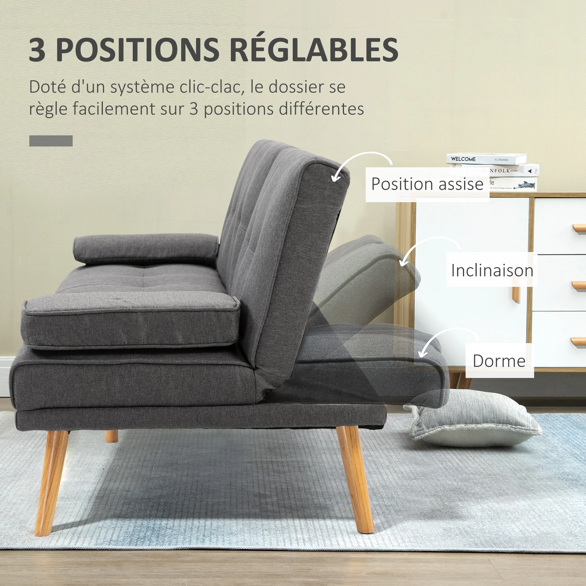 Canapé convertible 3 places canapé-lit design scandinave inclinaison dossier réglable 3 niveaux dossier centrale rabattable 2 porte-verres bois massif lin gris foncé - Image 6