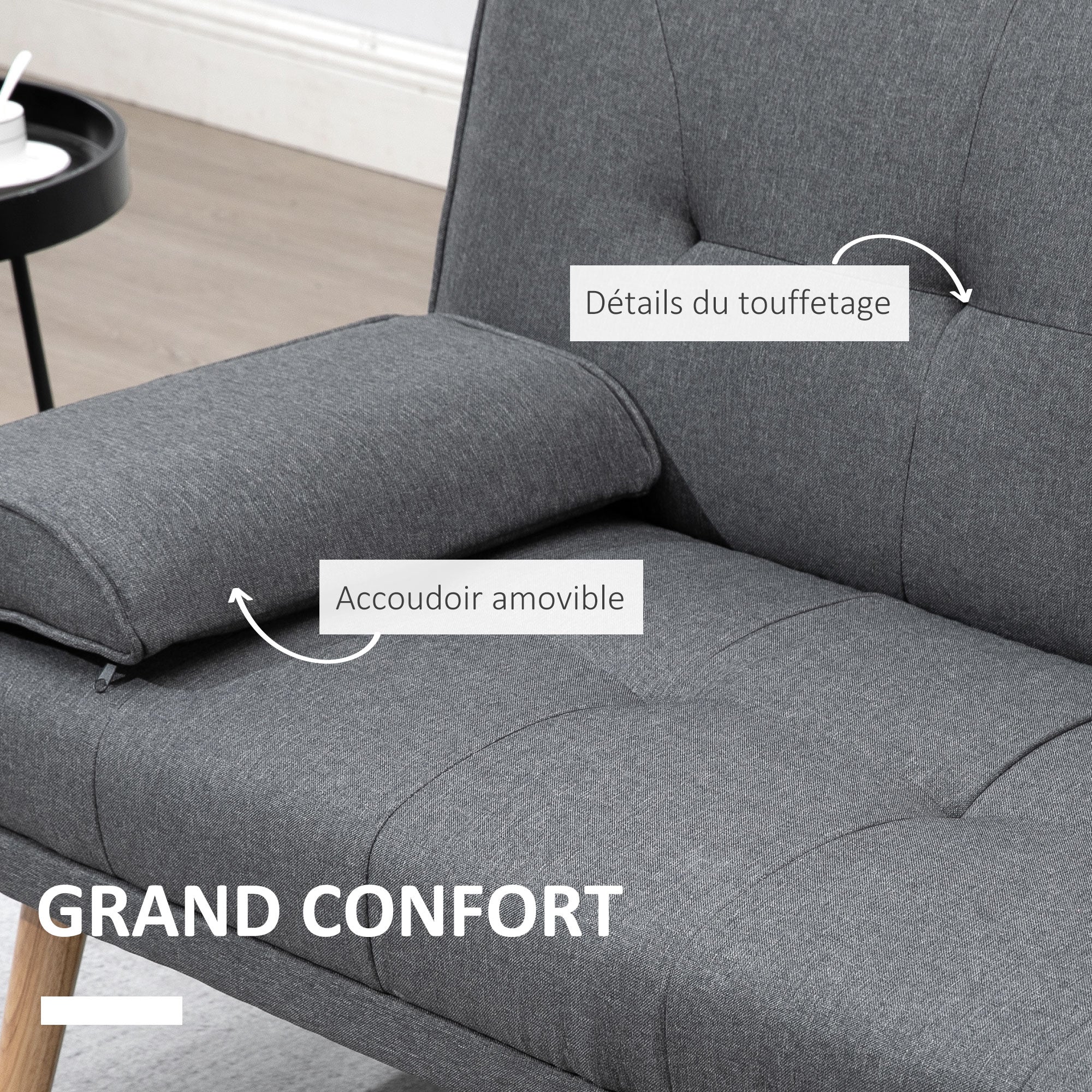 Canapé convertible 3 places canapé-lit design scandinave inclinaison dossier réglable 3 niveaux dossier centrale rabattable 2 porte-verres bois massif lin gris foncé - Image 7