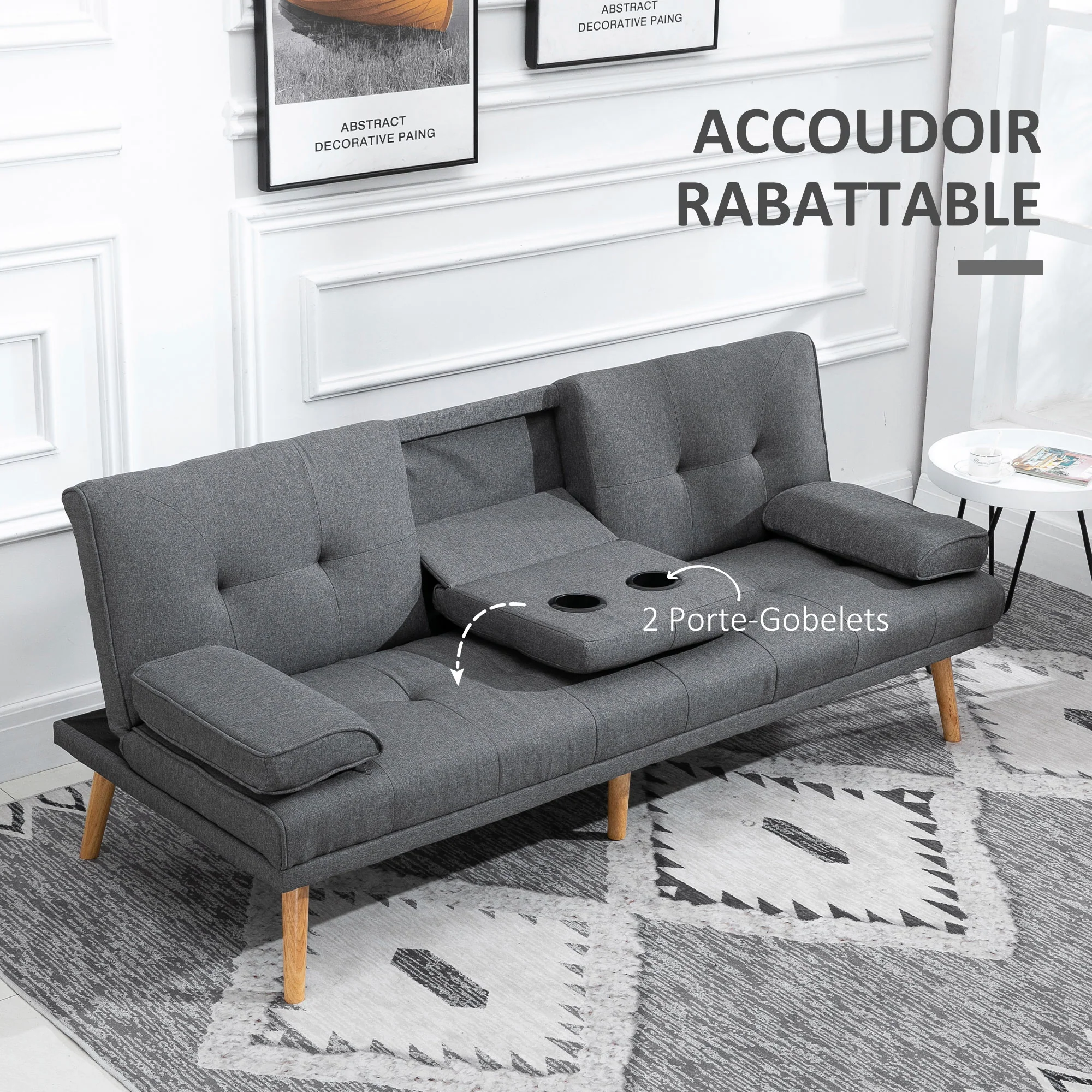 Canapé convertible 3 places canapé-lit design scandinave inclinaison dossier réglable 3 niveaux dossier centrale rabattable 2 porte-verres bois massif lin gris foncé - Image 8