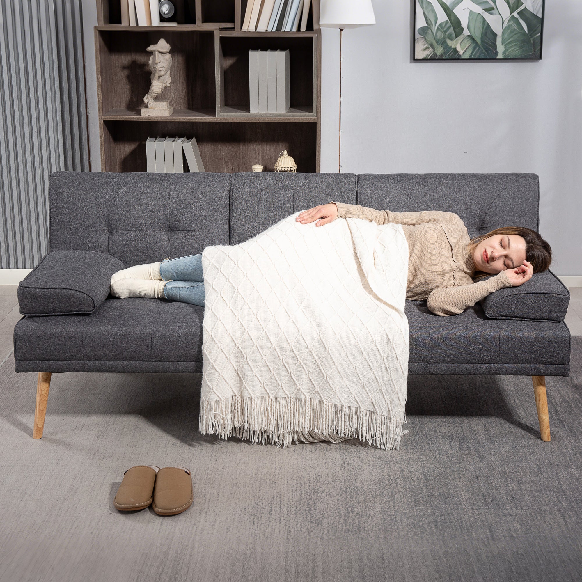 Canapé convertible 3 places canapé-lit design scandinave inclinaison dossier réglable 3 niveaux dossier centrale rabattable 2 porte-verres bois massif lin gris foncé - Image 9