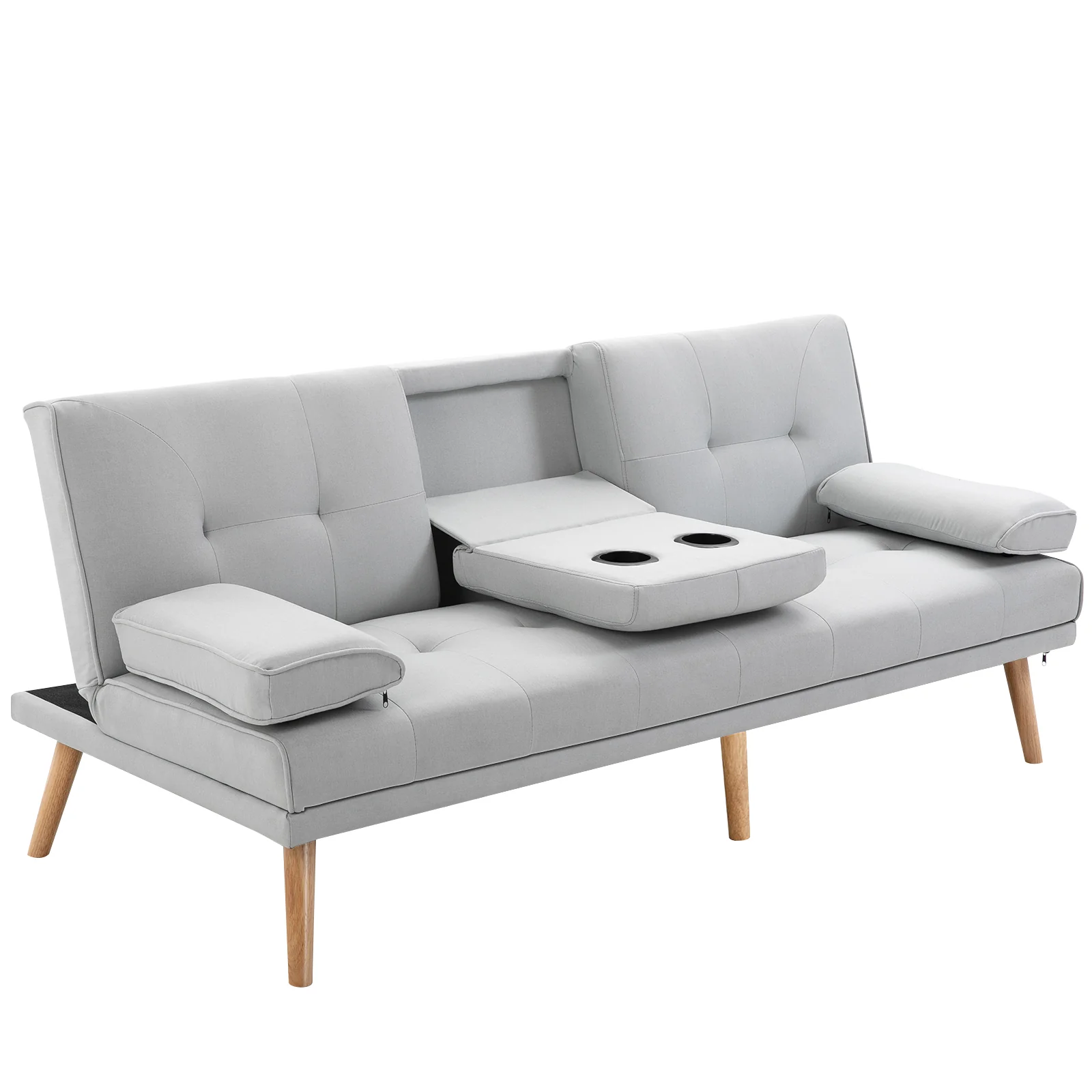 Canapé convertible 3 places design scandinave inclinaison dossier réglable 3 niveaux dossier centrale rabattable 2 porte-verres bois massif lin gris clair - Image 11