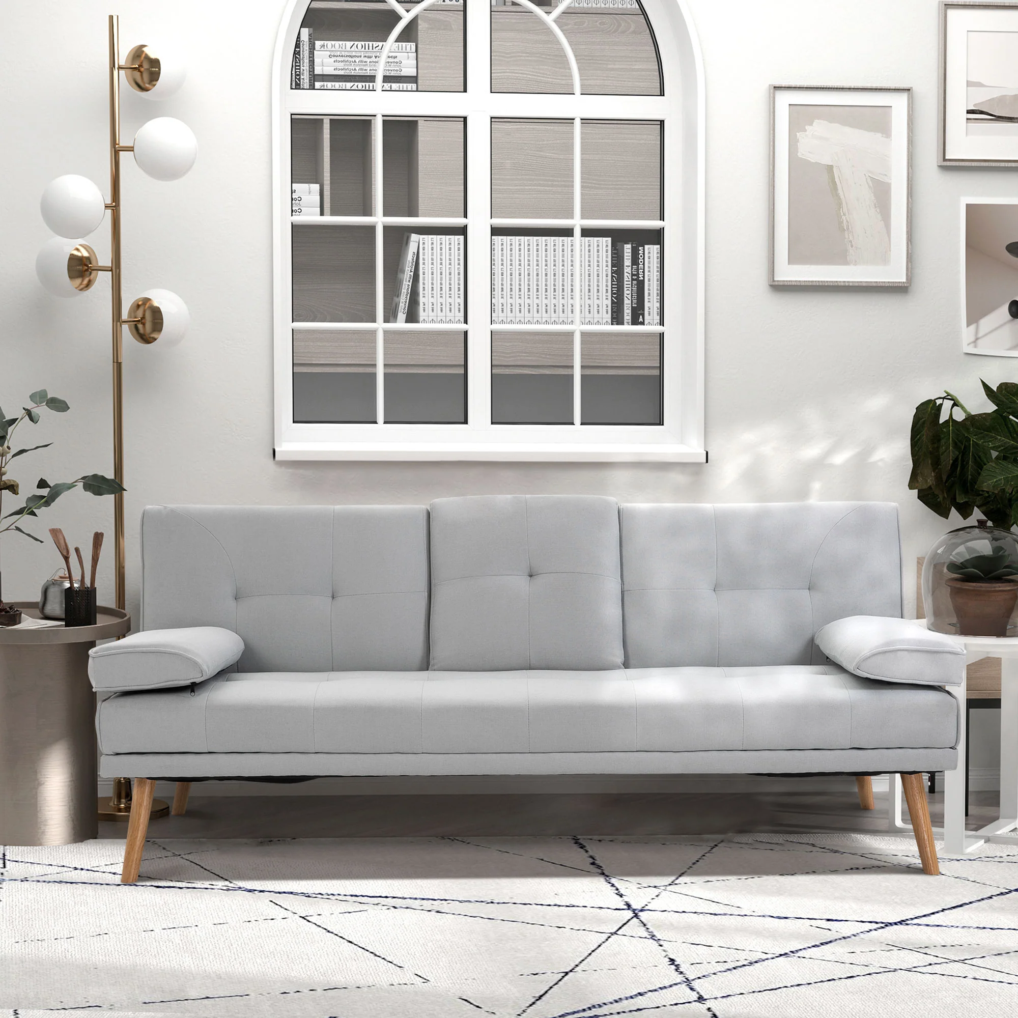 Canapé convertible 3 places design scandinave inclinaison dossier réglable 3 niveaux dossier centrale rabattable 2 porte-verres bois massif lin gris clair - Image 3