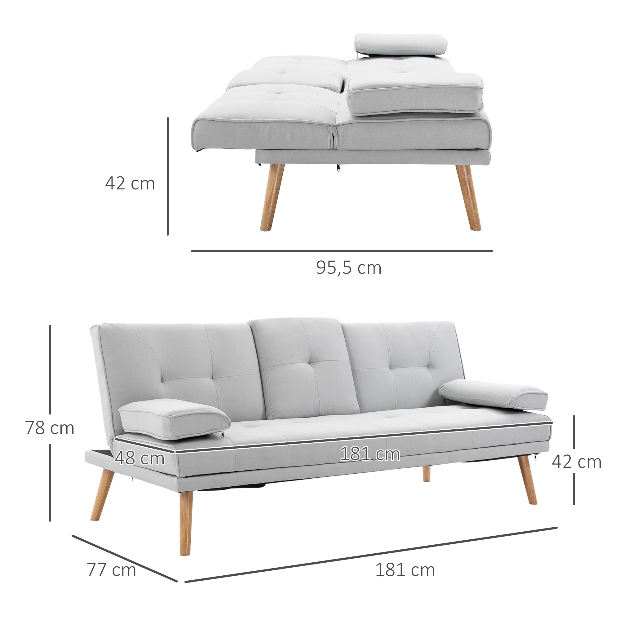 Canapé convertible 3 places design scandinave inclinaison dossier réglable 3 niveaux dossier centrale rabattable 2 porte-verres bois massif lin gris clair - Image 4
