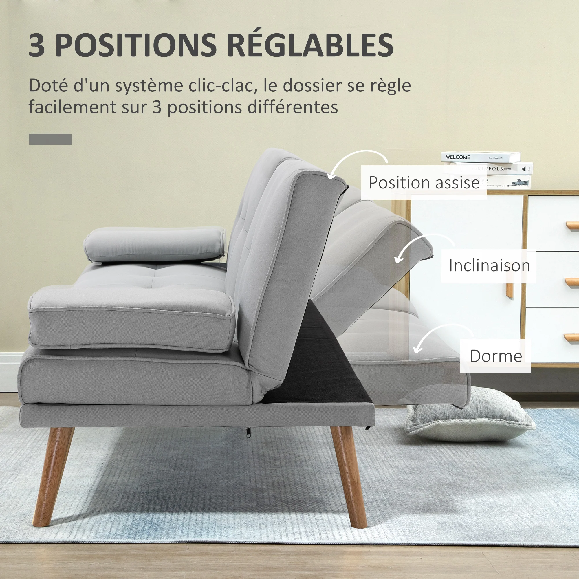 Canapé convertible 3 places design scandinave inclinaison dossier réglable 3 niveaux dossier centrale rabattable 2 porte-verres bois massif lin gris clair - Image 6