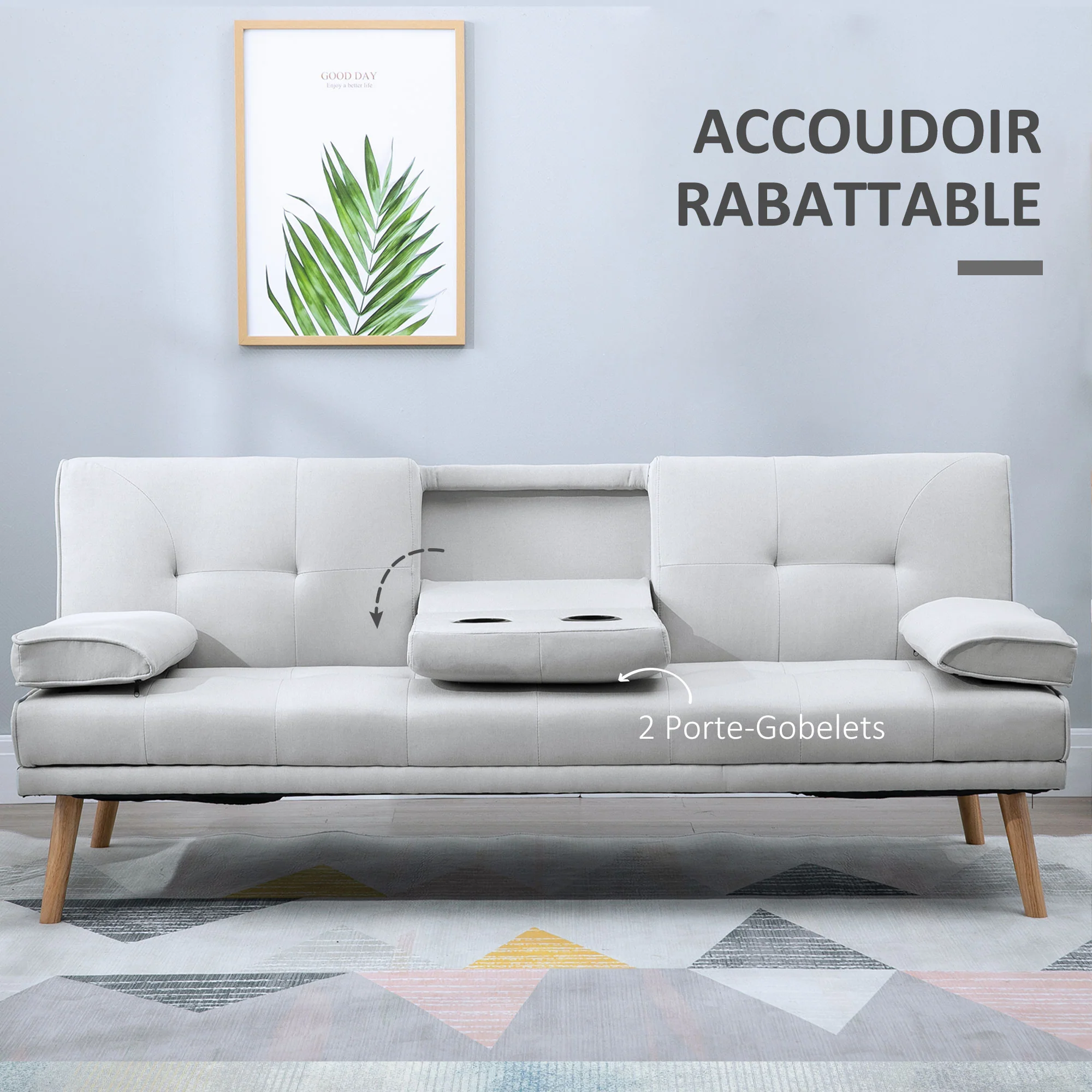 Canapé convertible 3 places design scandinave inclinaison dossier réglable 3 niveaux dossier centrale rabattable 2 porte-verres bois massif lin gris clair - Image 8