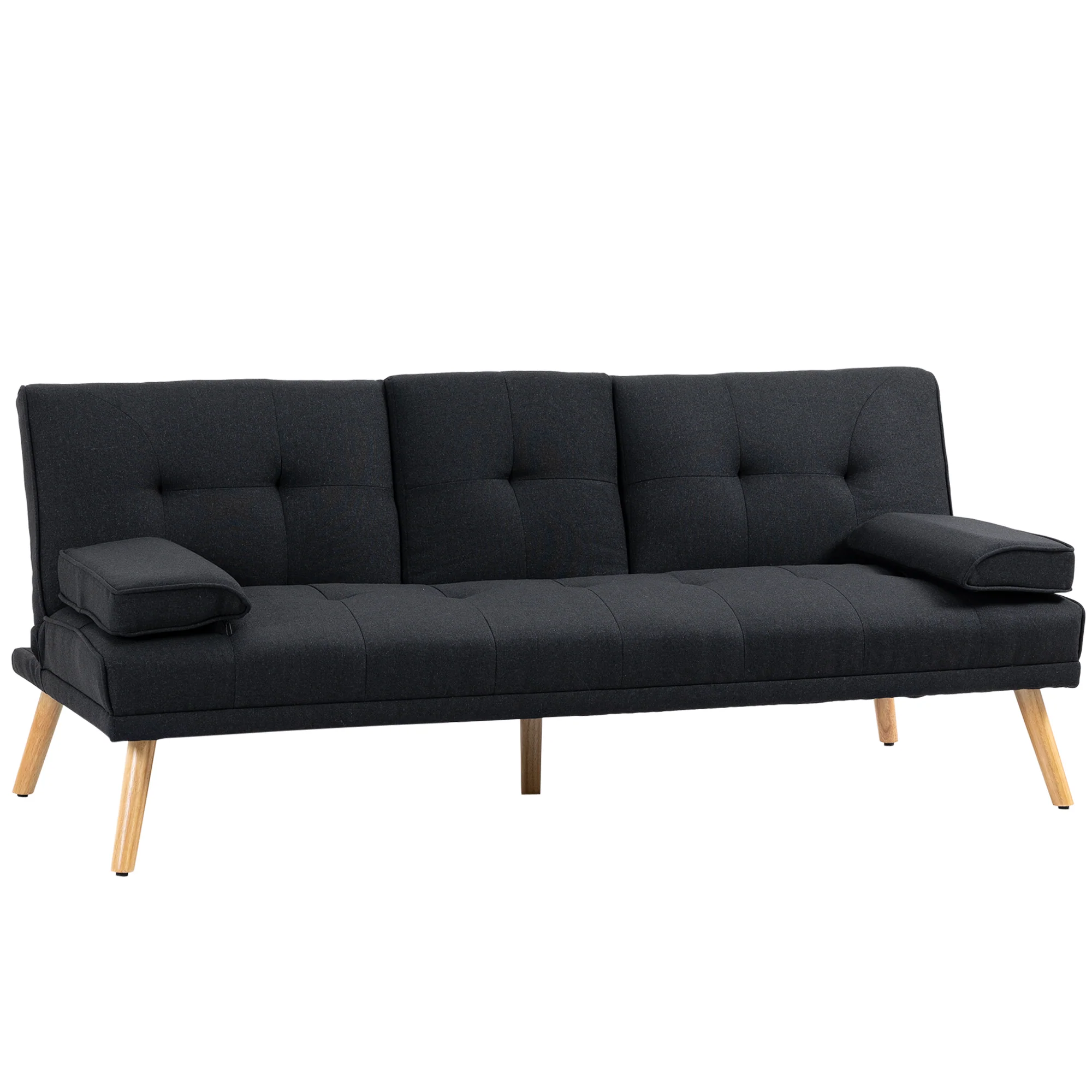 Canapé convertible 3 places design scandinave inclinaison dossier réglable 3 niveaux dossier centrale rabattable 2 porte-verres bois massif lin gris - Image 11