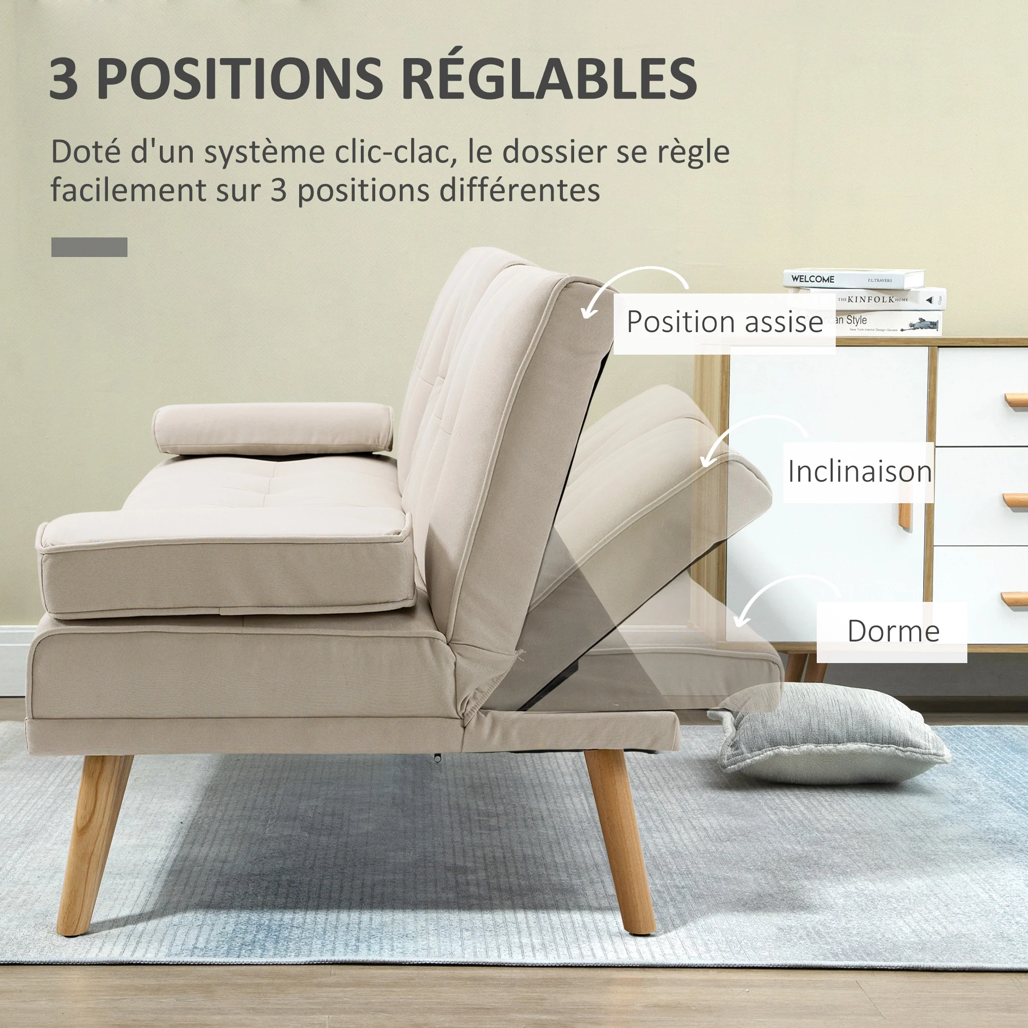 Canapé convertible 3 places design scandinave inclinaison dossier réglable 3 niveaux dossier centrale rabattable 2 porte-verres bois massif lin beige - Image 6