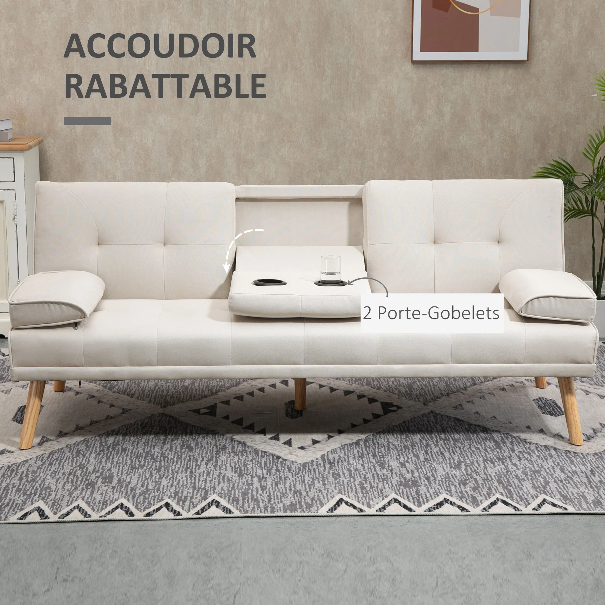 Canapé convertible 3 places design scandinave inclinaison dossier réglable 3 niveaux dossier centrale rabattable 2 porte-verres bois massif lin beige - Image 8