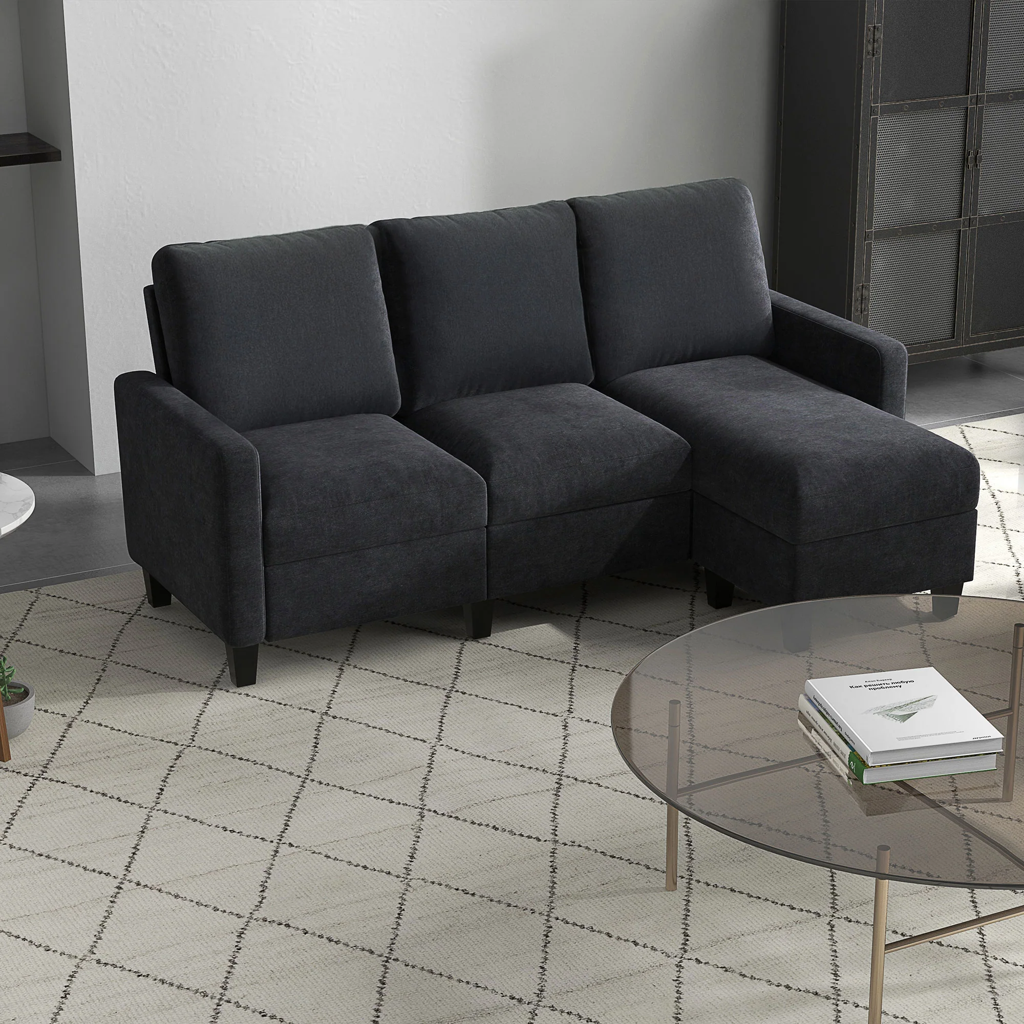 Canapé d'angle canapé 3 places avec méridienne réversible gauche ou droite pour salon, bureau, appartement, tissu polyester 197L x 139l x 91H cm gris foncé - Image 3