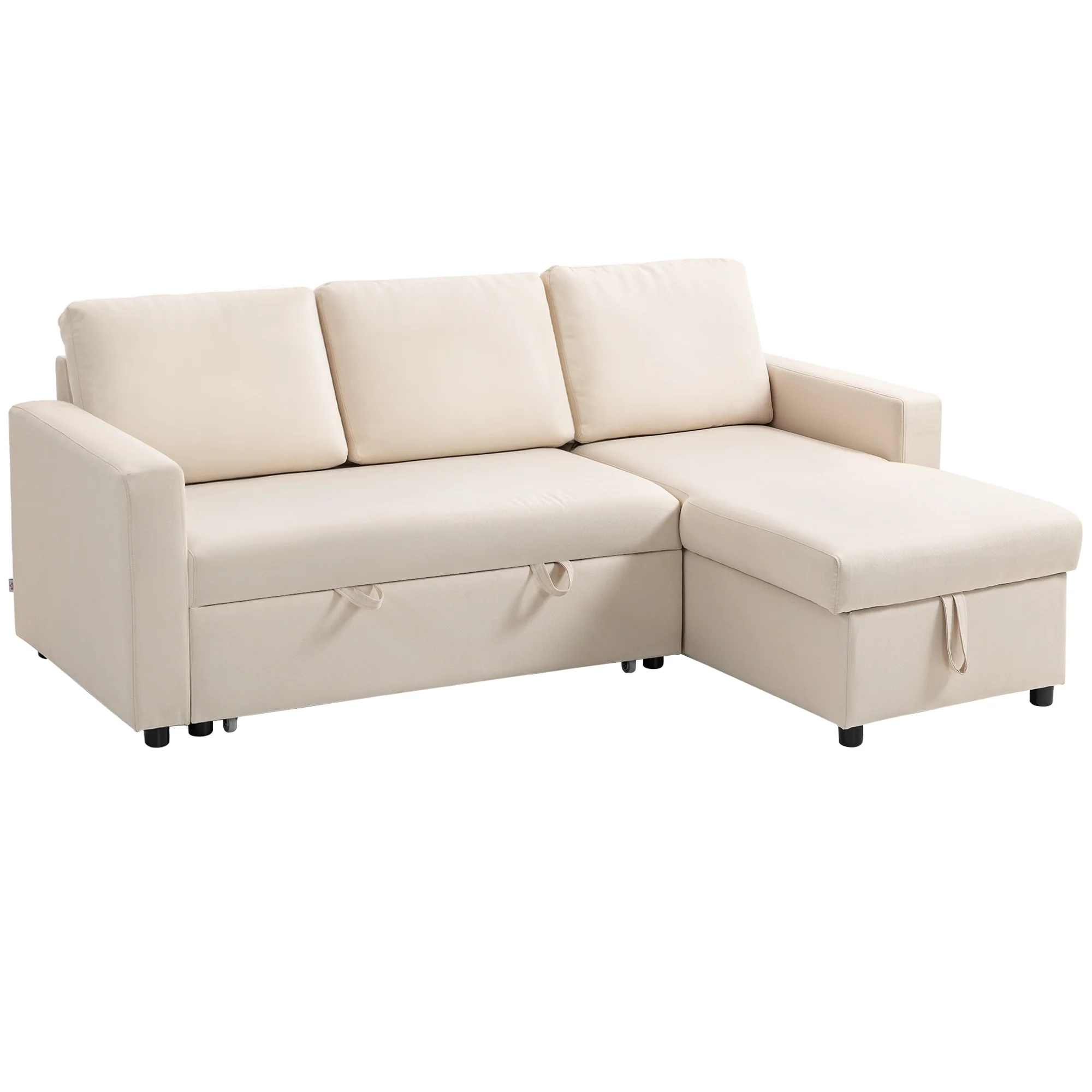 Canapé d'angle convertible canapé lit canapé 3 places modulable avec méridienne réversible, coffre de rangement intégré et 3 coussins de dossier, tissu aspect lin, crème - Image 11
