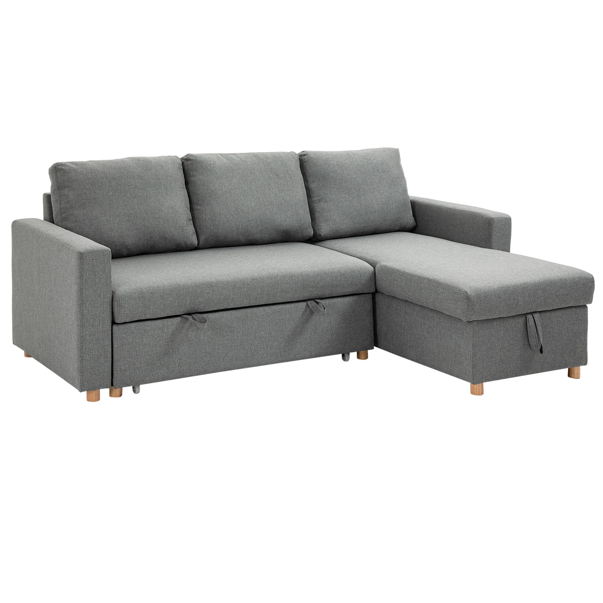 Canapé d'angle convertible canapé lit canapé 3 places modulable avec méridienne réversible, coffre de rangement intégré et 3 coussins de dossier, tissu aspect lin, gris - Image 2