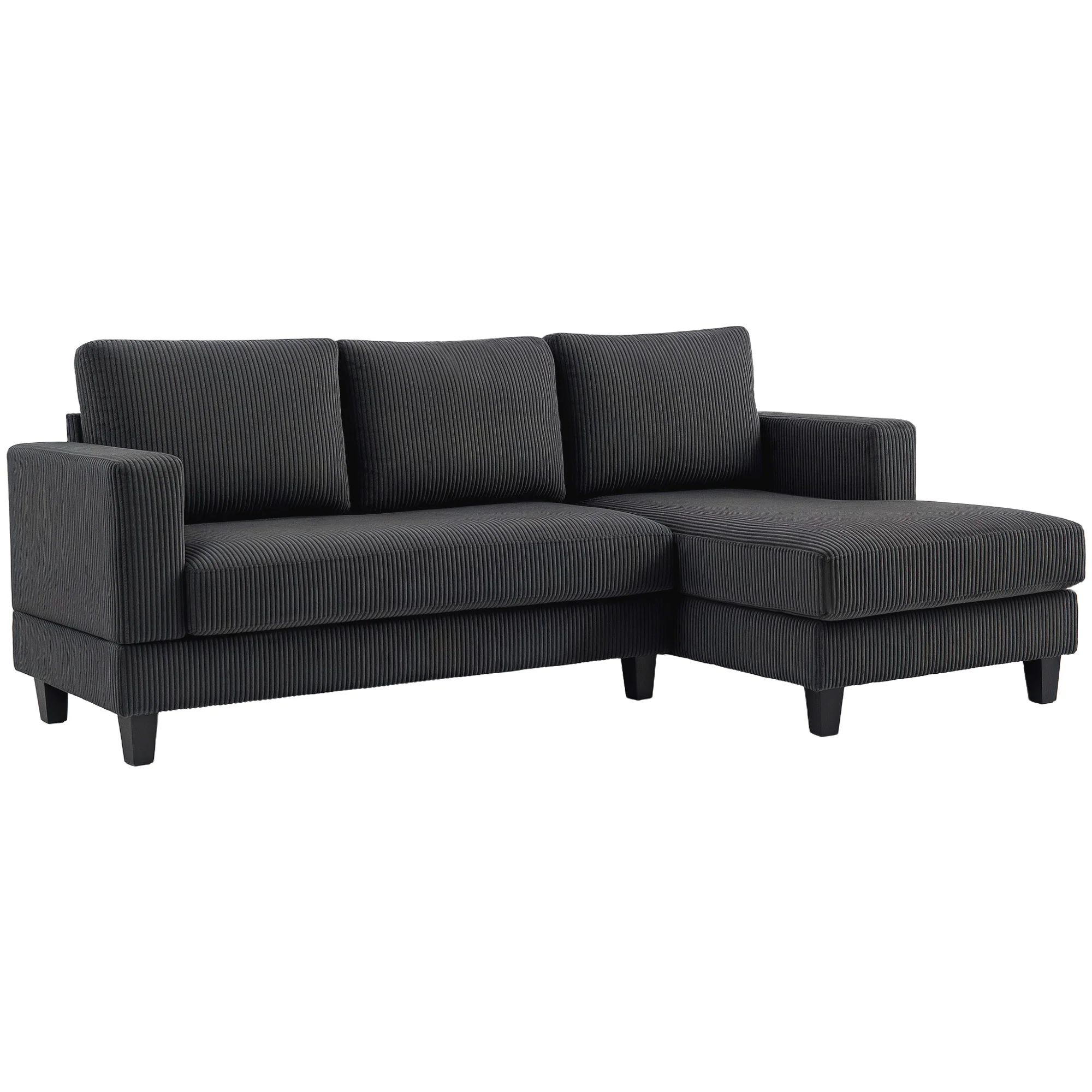 Canapé d'angle en velours côtelé, canapé 3 places avec méridienne et coussin à ressorts épais, largeur 214 cm, design moderne, charge jusqu'à 400 Kg, pour salon, appartement, gris foncé
