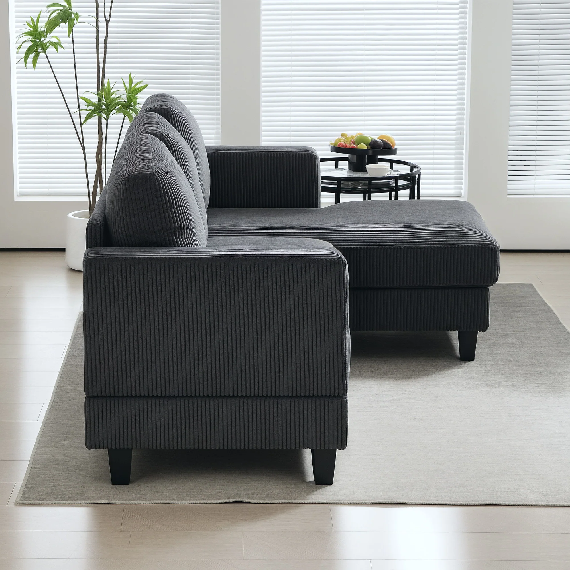 Canapé d'angle en velours côtelé, canapé 3 places avec méridienne et coussin à ressorts épais, largeur 214 cm, design moderne, charge jusqu'à 400 Kg, pour salon, appartement, gris foncé - Image 10
