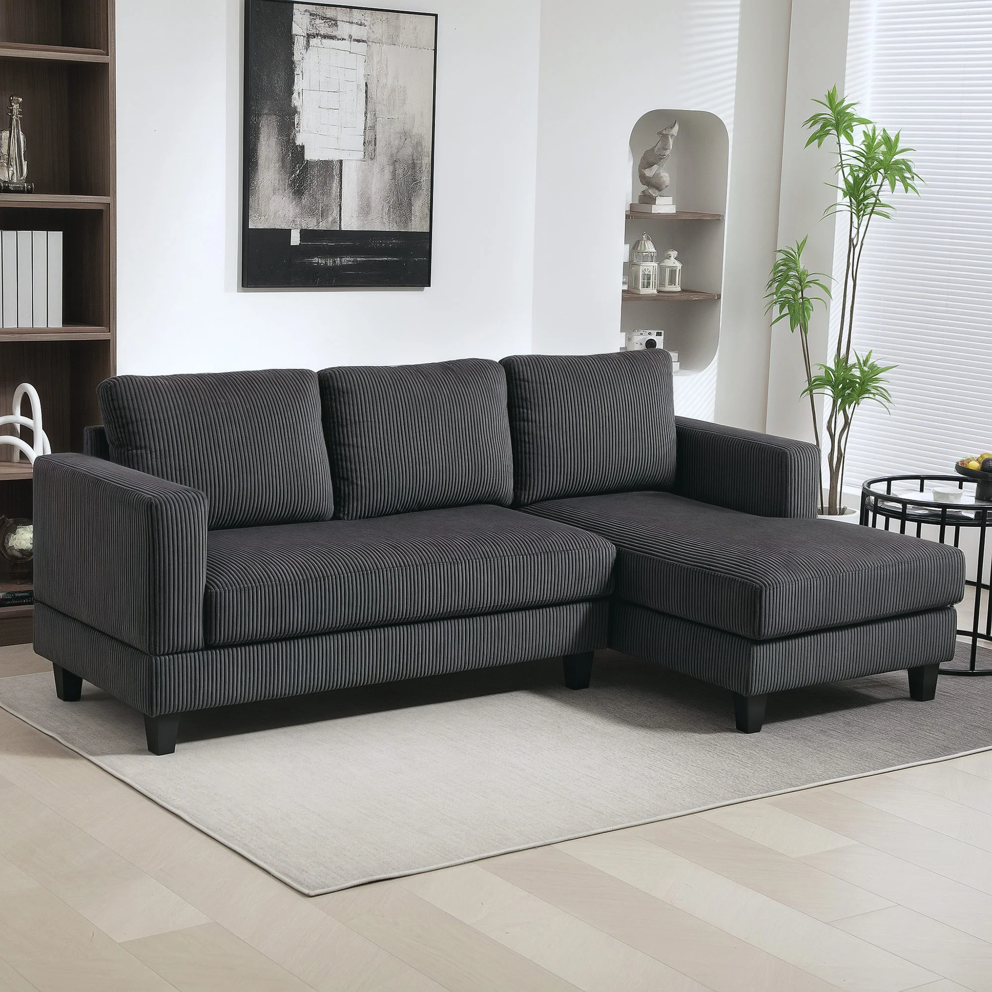Canapé d'angle en velours côtelé, canapé 3 places avec méridienne et coussin à ressorts épais, largeur 214 cm, design moderne, charge jusqu'à 400 Kg, pour salon, appartement, gris foncé - Image 3