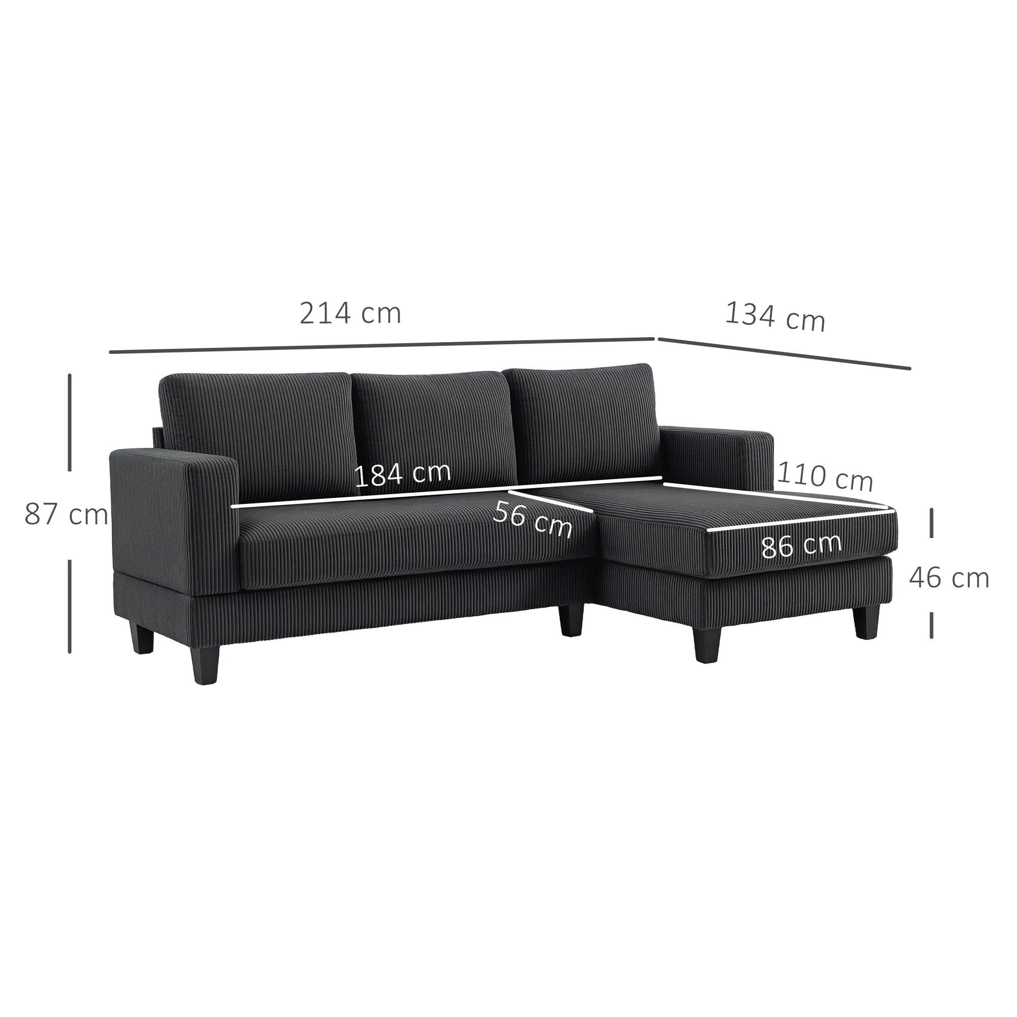 Canapé d'angle en velours côtelé, canapé 3 places avec méridienne et coussin à ressorts épais, largeur 214 cm, design moderne, charge jusqu'à 400 Kg, pour salon, appartement, gris foncé - Image 4