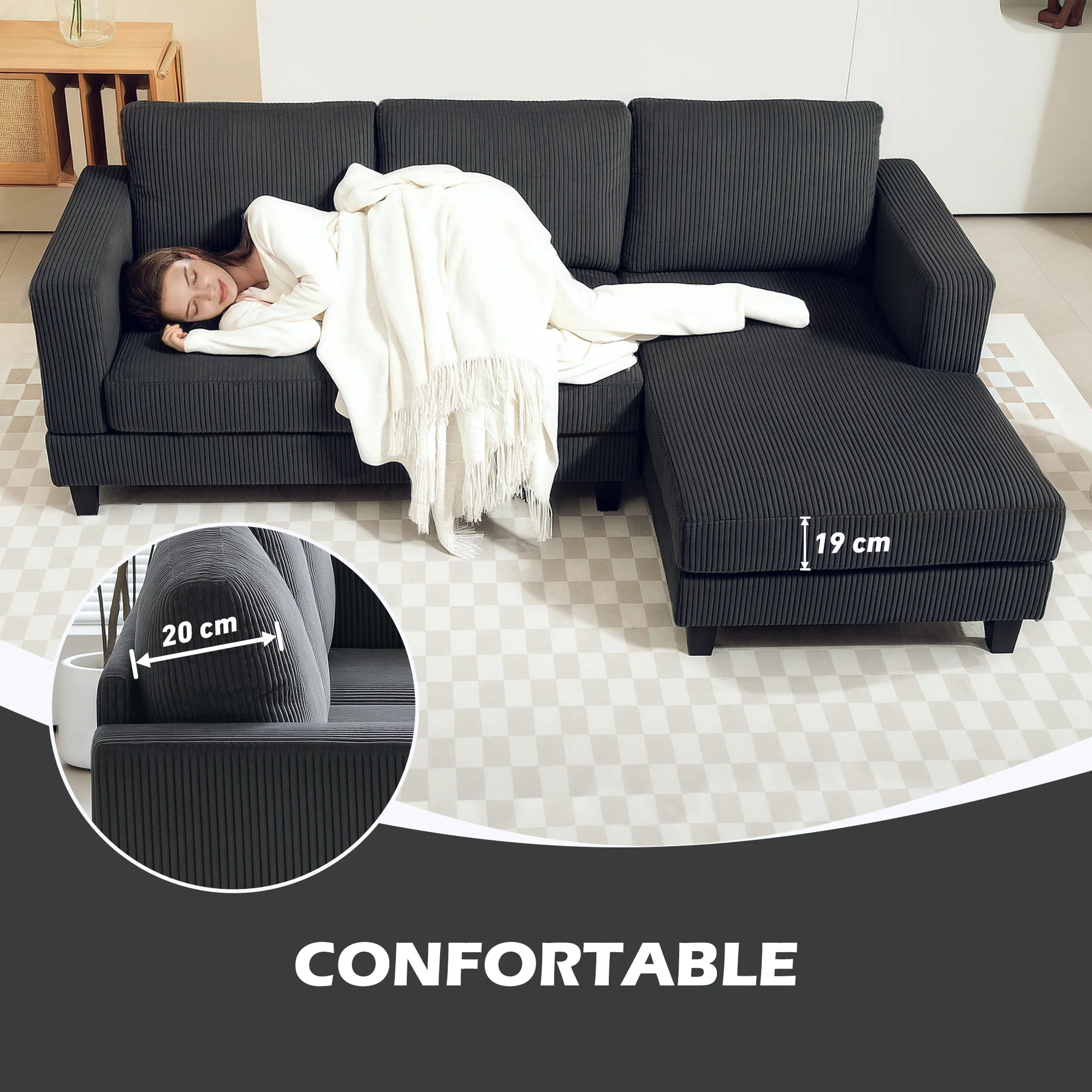 Canapé d'angle en velours côtelé, canapé 3 places avec méridienne et coussin à ressorts épais, largeur 214 cm, design moderne, charge jusqu'à 400 Kg, pour salon, appartement, gris foncé - Image 8