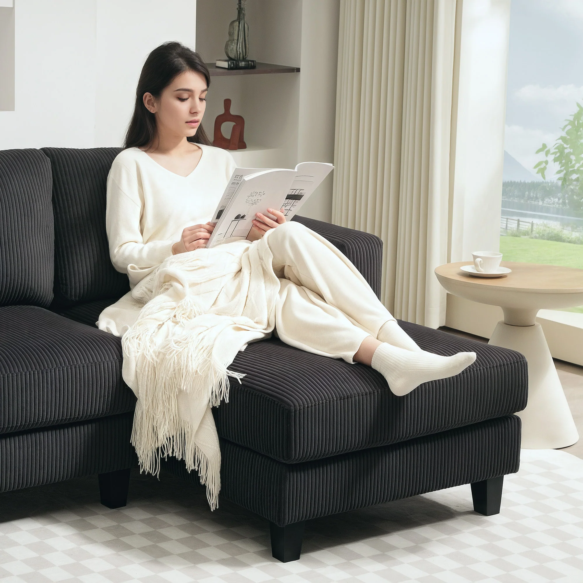 Canapé d'angle en velours côtelé, canapé 3 places avec méridienne et coussin à ressorts épais, largeur 214 cm, design moderne, charge jusqu'à 400 Kg, pour salon, appartement, gris foncé - Image 9