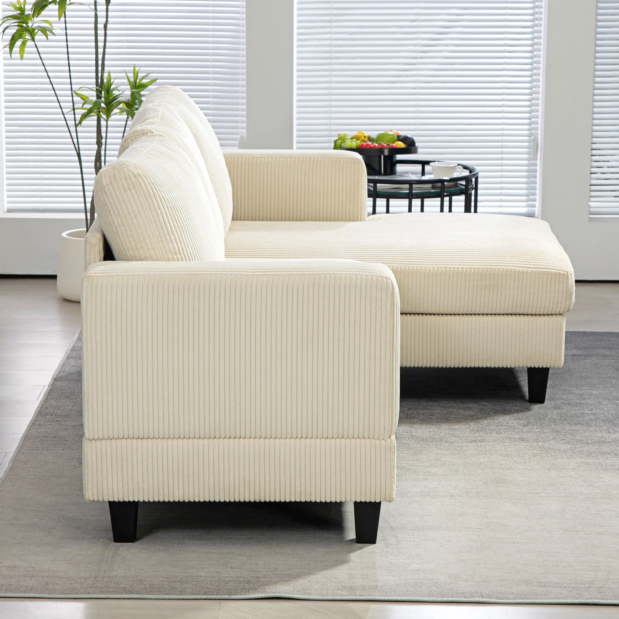 Canapé d'angle en velours c?telé canapé 3 places avec méridienne et coussin à ressorts épais, largeur 214 cm, design moderne, charge jusqu'à 400 Kg, pour salon, appartement, beige - Image 10
